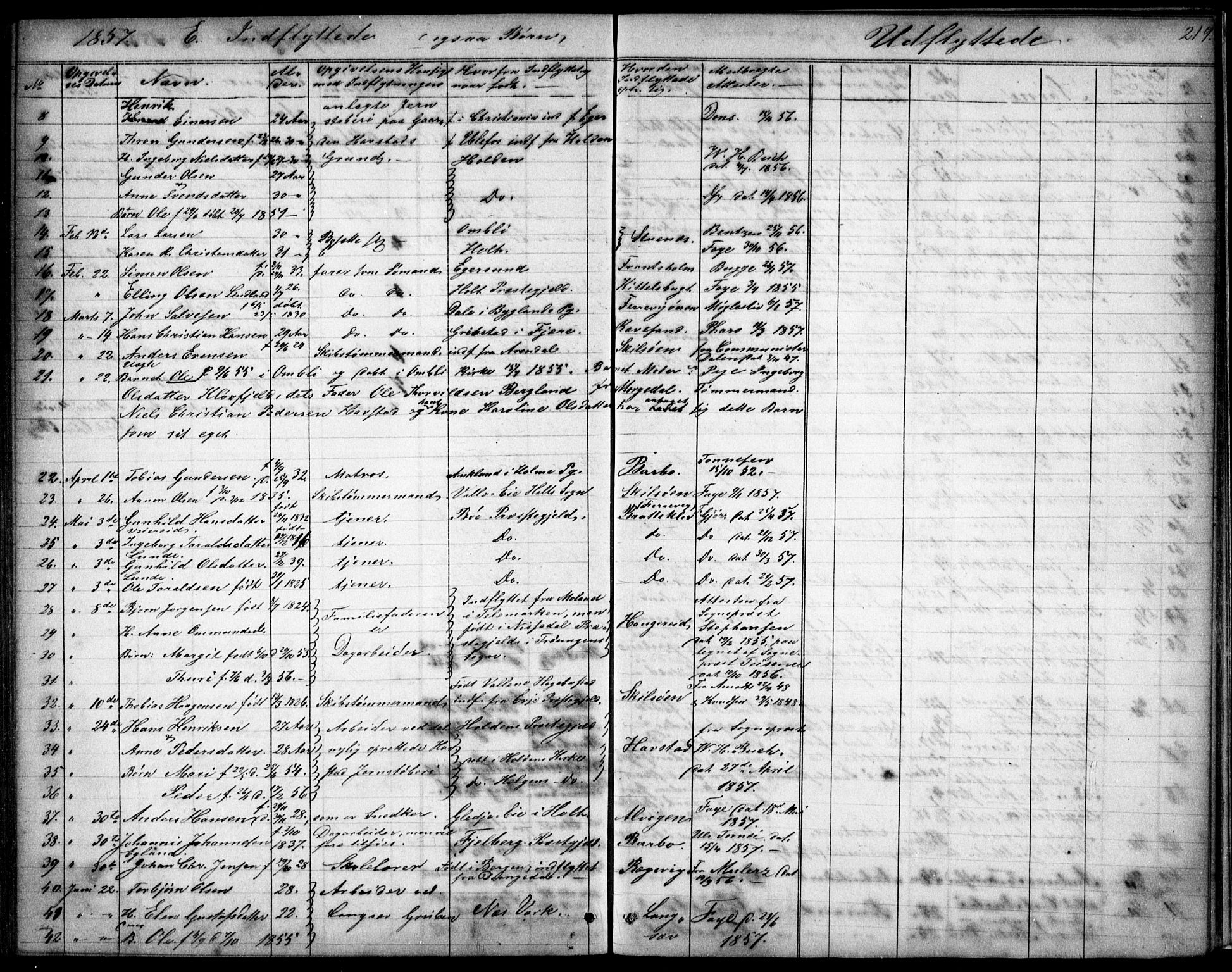 Tromøy sokneprestkontor, AV/SAK-1111-0041/F/Fb/L0002: Klokkerbok nr. B 2, 1851-1858, s. 219