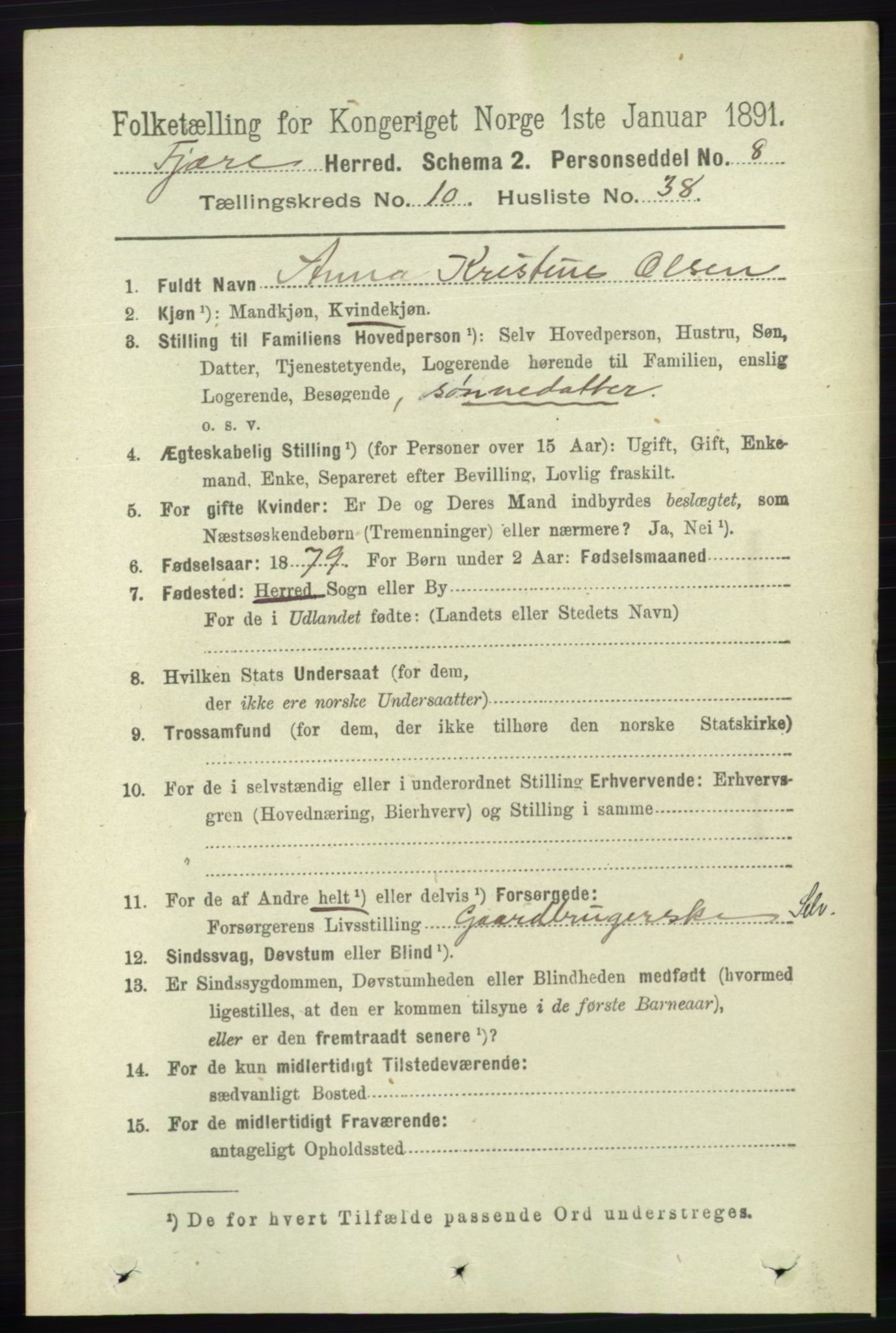 RA, Folketelling 1891 for 0923 Fjære herred, 1891, s. 5246