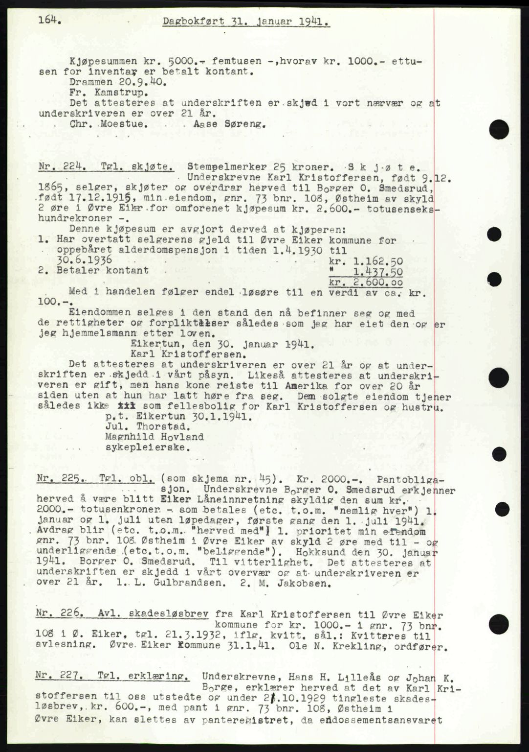 Eiker, Modum og Sigdal sorenskriveri, SAKO/A-123/G/Ga/Gab/L0043: Pantebok nr. A13, 1940-1941, Dagboknr: 224/1941