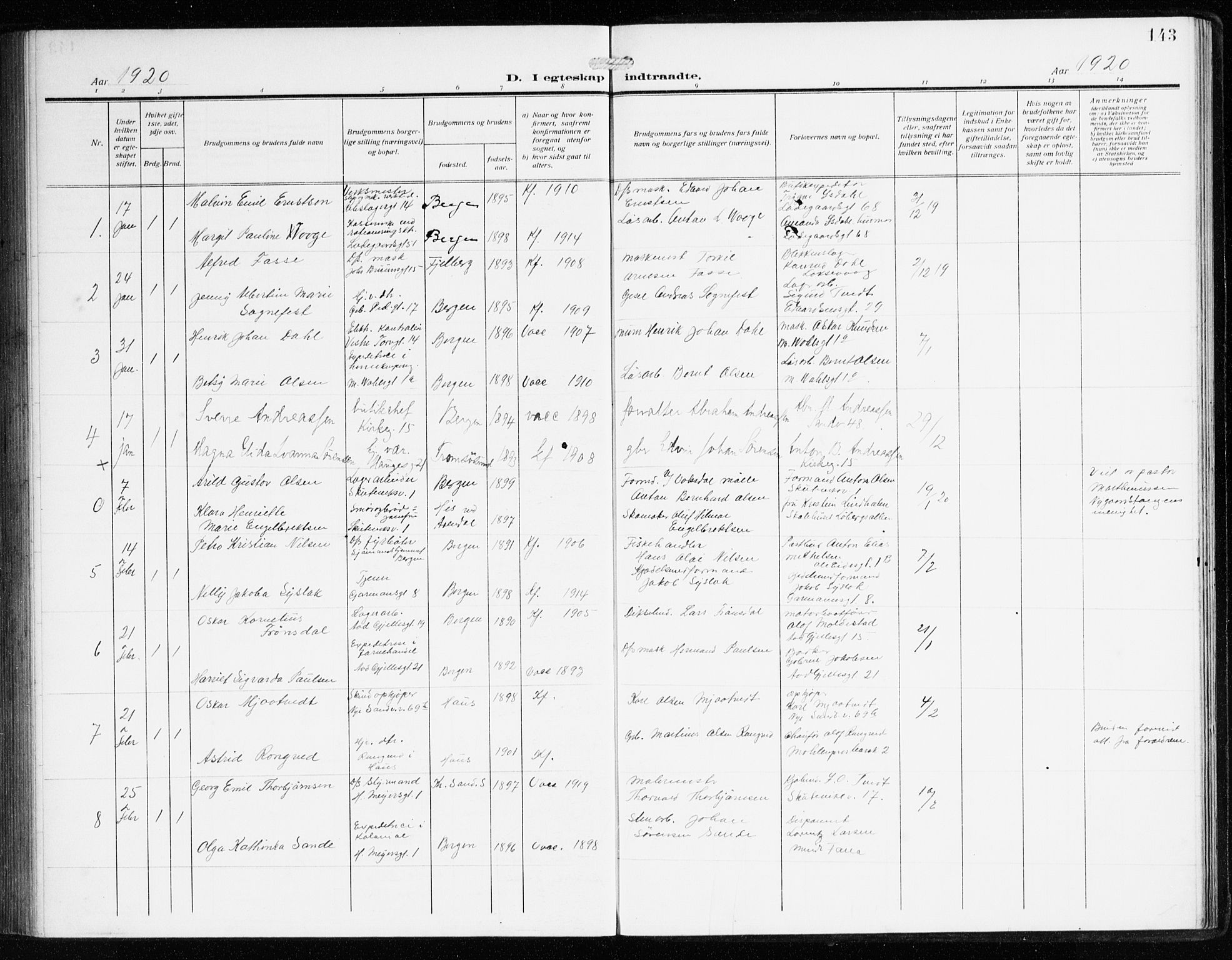 Sandviken Sokneprestembete, SAB/A-77601/H/Ha/L0015: Ministerialbok nr. D 2, 1911-1923, s. 143