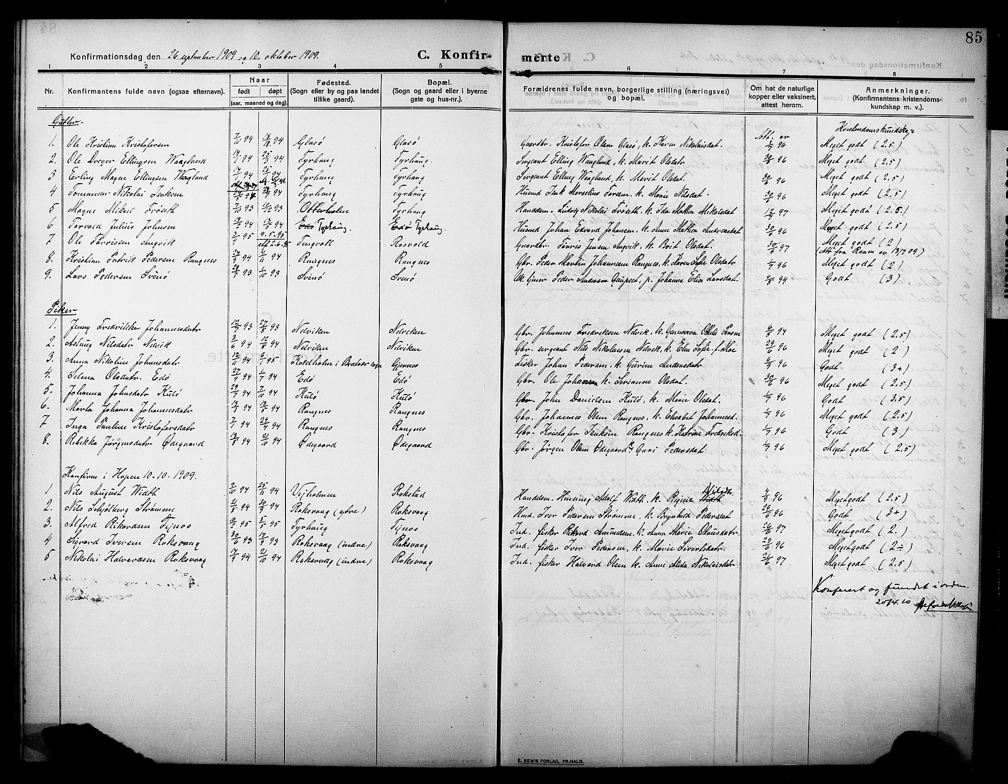 Ministerialprotokoller, klokkerbøker og fødselsregistre - Møre og Romsdal, AV/SAT-A-1454/581/L0943: Klokkerbok nr. 581C01, 1909-1931, s. 85