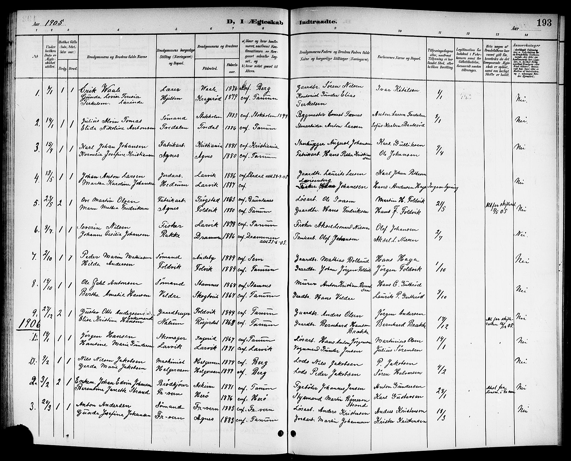 Brunlanes kirkebøker, AV/SAKO-A-342/G/Ga/L0004: Klokkerbok nr. I 4, 1898-1921, s. 193