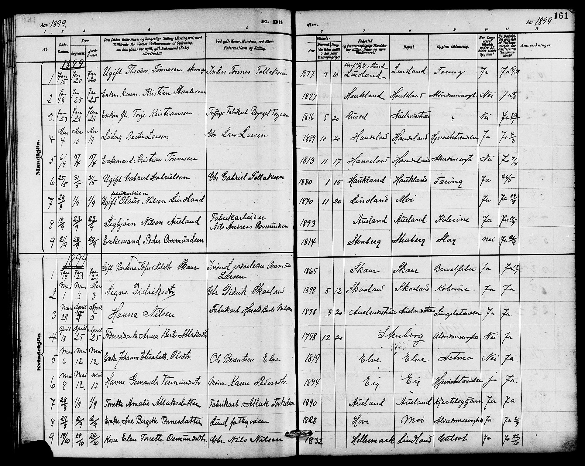 Lund sokneprestkontor, SAST/A-101809/S07/L0006: Klokkerbok nr. B 6, 1885-1901, s. 161