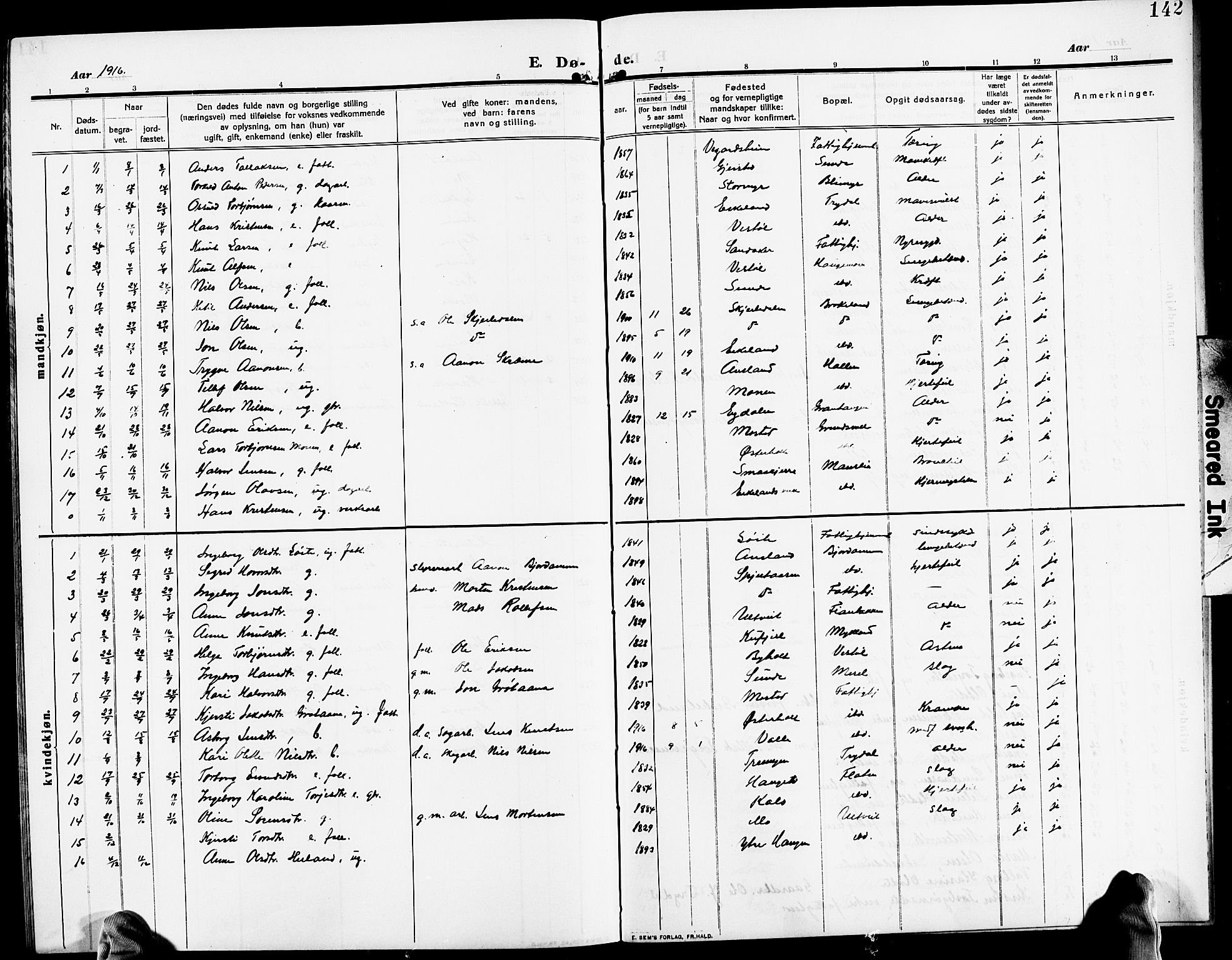 Gjerstad sokneprestkontor, SAK/1111-0014/F/Fb/Fba/L0008: Klokkerbok nr. B 8, 1909-1925, s. 142