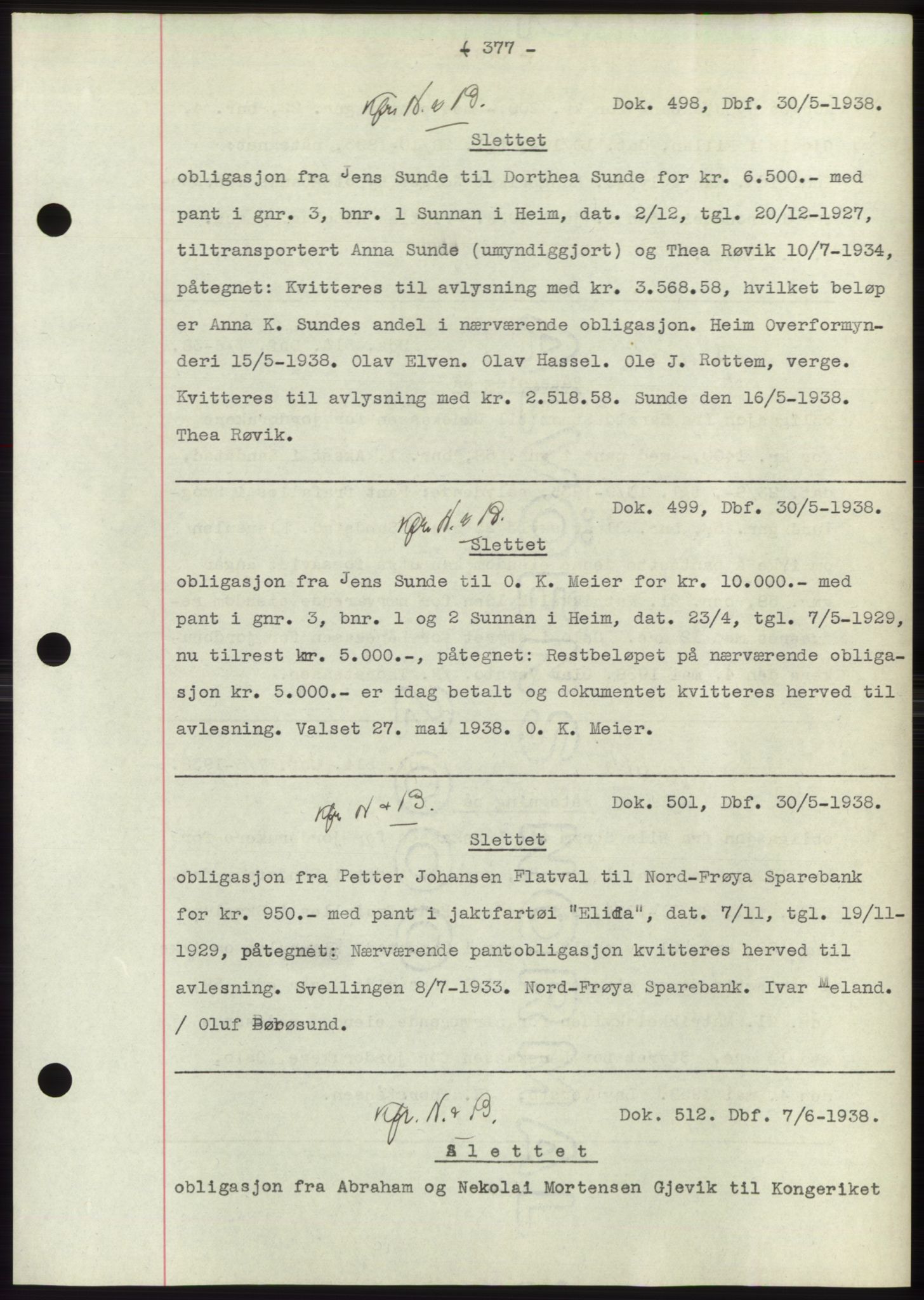 Hitra sorenskriveri, AV/SAT-A-0018/2/2C/2Ca: Pantebok nr. C1, 1936-1945, Dagboknr: 498/1938