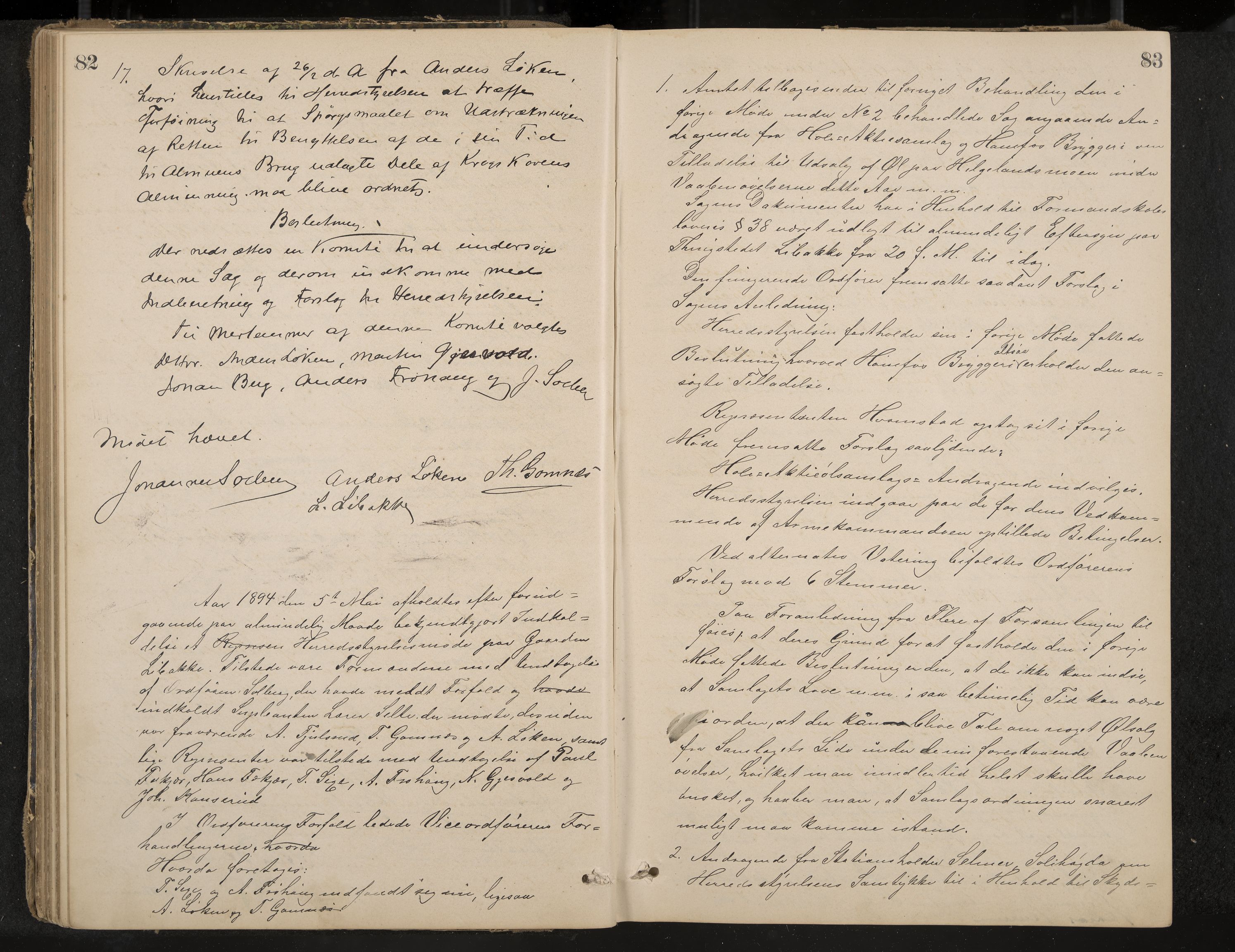 Hole formannskap og sentraladministrasjon, IKAK/0612021-1/A/Aa/L0003: Møtebok med register, 1892-1902, s. 82-83