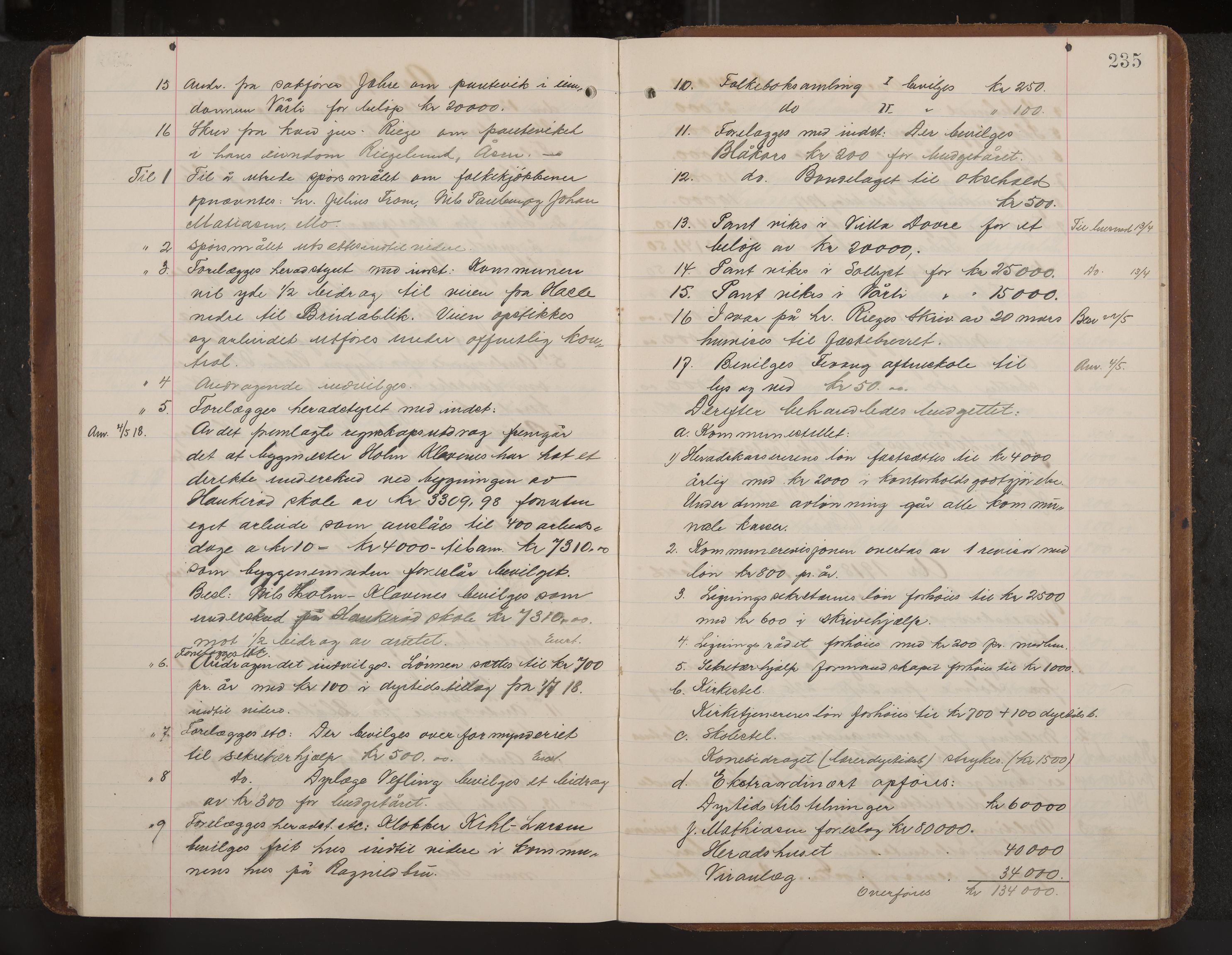 Sandar formannskap og sentraladministrasjon, IKAK/0724021/A/Aa/L0005: Møtebok med register, 1914-1918, s. 235