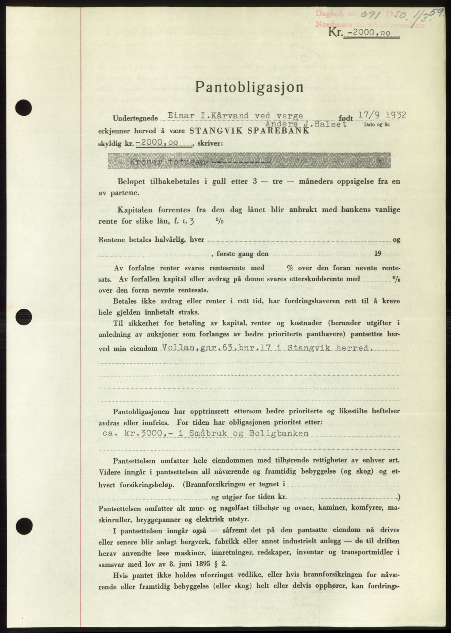 Nordmøre sorenskriveri, SAT/A-4132/1/2/2Ca: Pantebok nr. B104, 1950-1950, Dagboknr: 691/1950