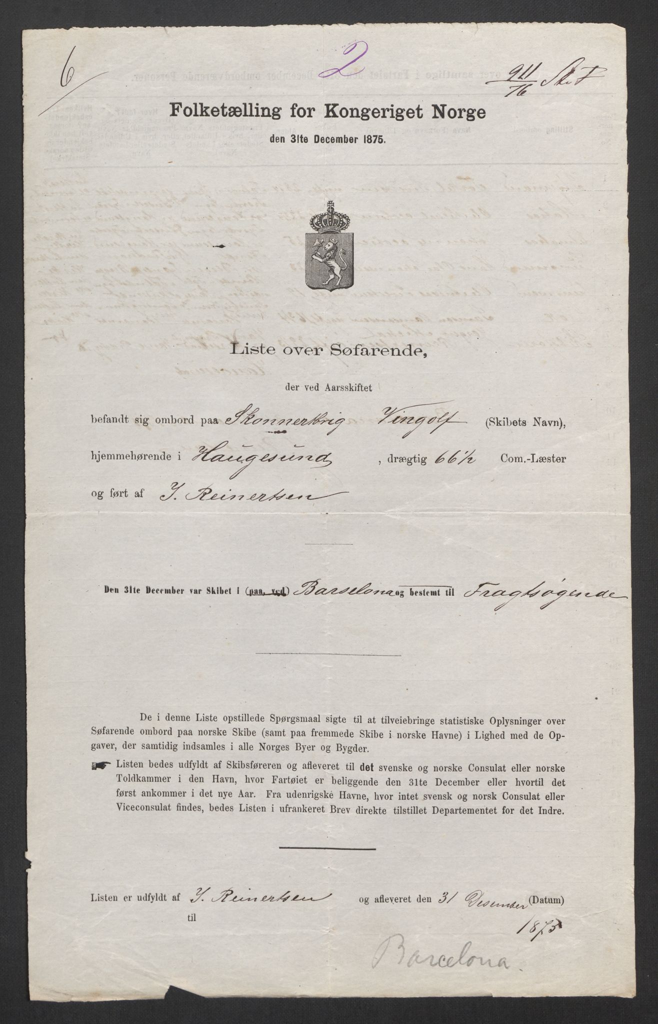 RA, Folketelling 1875, skipslister: Skip i utenrikske havner, hjemmehørende i 1) byer og ladesteder, Grimstad - Tromsø, 2) landdistrikter, 1875, s. 771