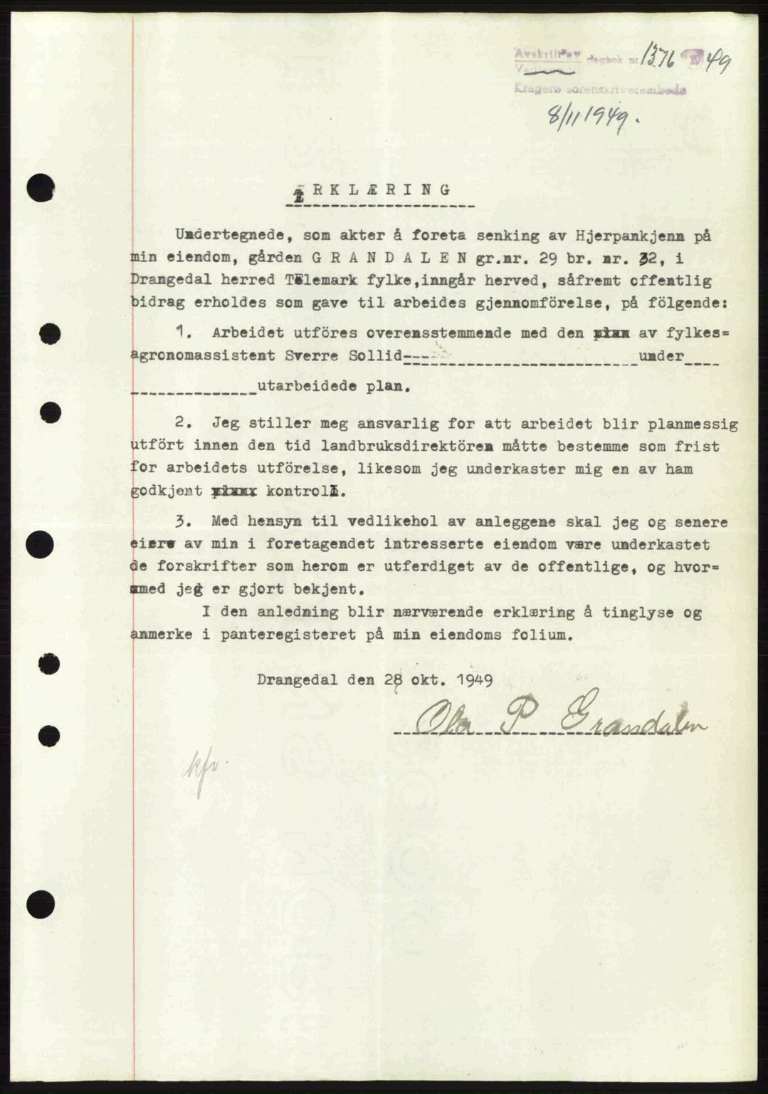 Kragerø sorenskriveri, SAKO/A-65/G/Ga/Gac/L0003: Pantebok nr. A-3, 1949-1950, Dagboknr: 1376/1949