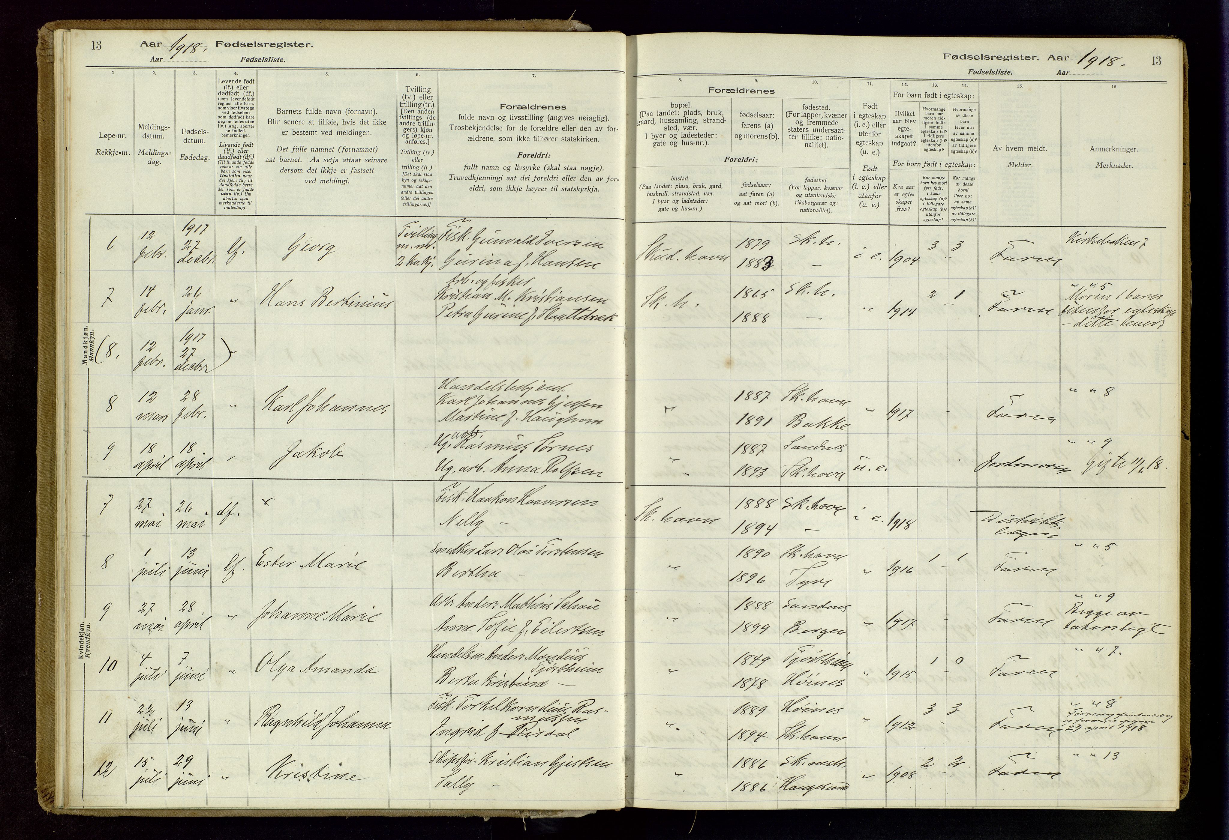 Skudenes sokneprestkontor, AV/SAST-A -101849/I/Id/L0003: Fødselsregister nr. 3, 1916-1964, s. 13