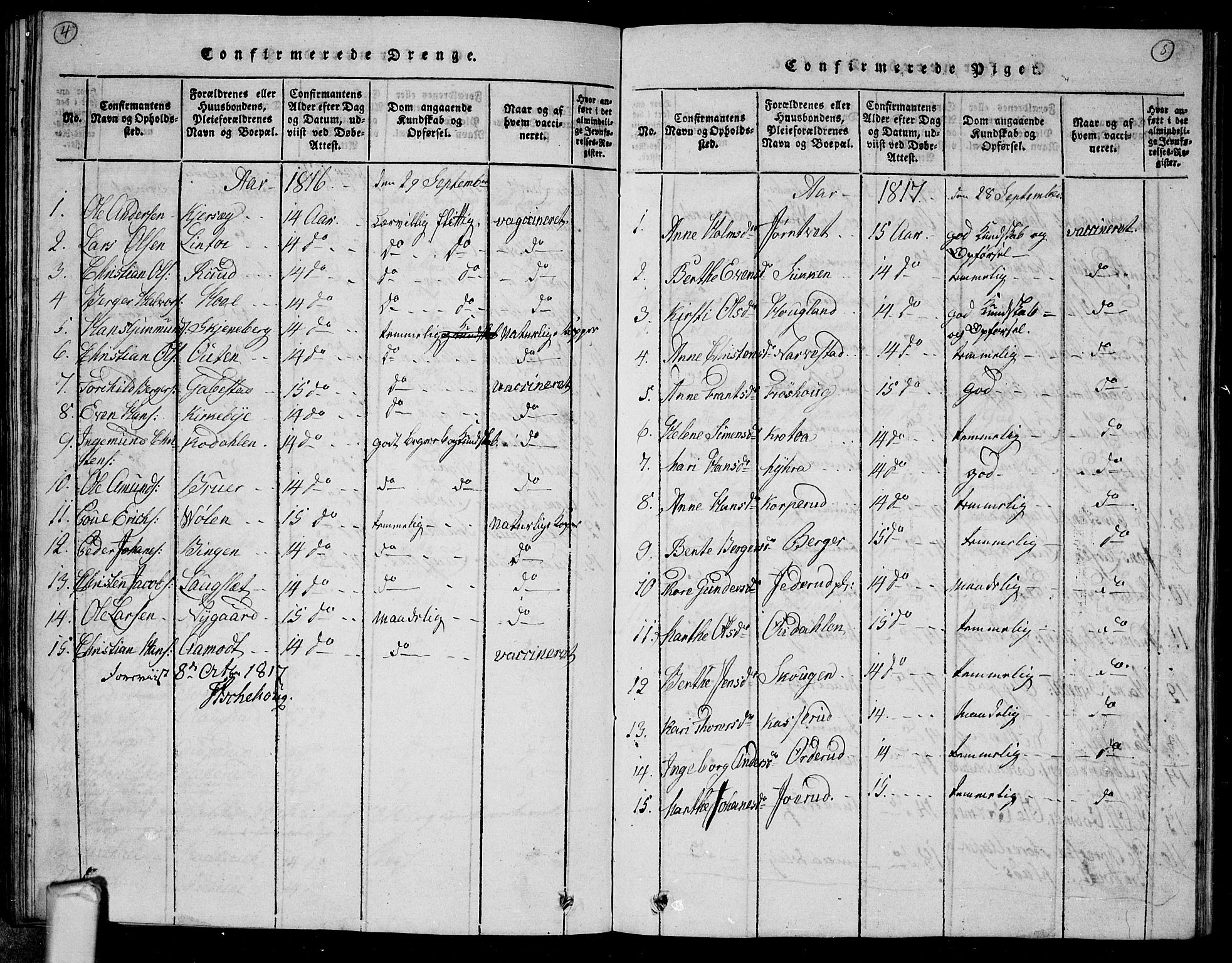 Trøgstad prestekontor Kirkebøker, SAO/A-10925/G/Ga/L0001: Klokkerbok nr. I 1, 1815-1831, s. 4-5