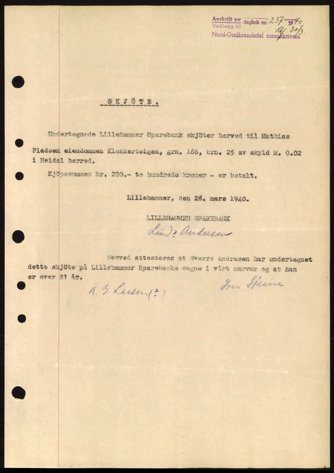 Nord-Gudbrandsdal tingrett, SAH/TING-002/H/Hb/Hbb/L0005: Pantebok nr. FA5, 1939-1940, Dagboknr: 237/1940