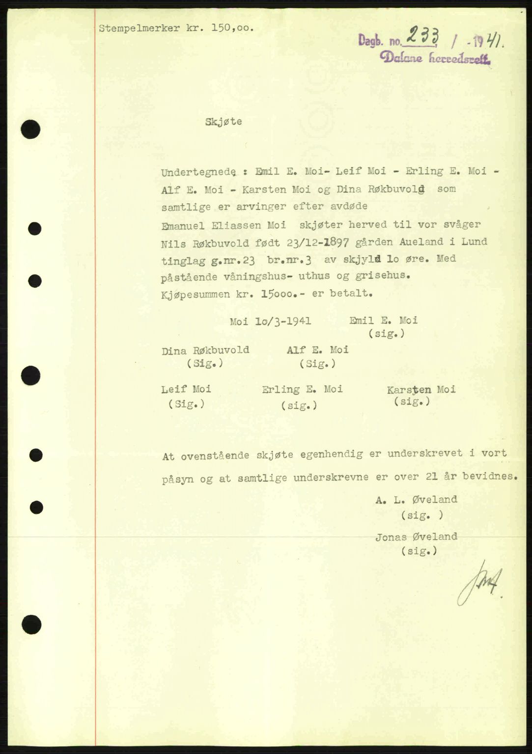 Dalane sorenskriveri, SAST/A-100309/02/G/Gb/L0044: Pantebok nr. A5, 1940-1941, Dagboknr: 233/1941