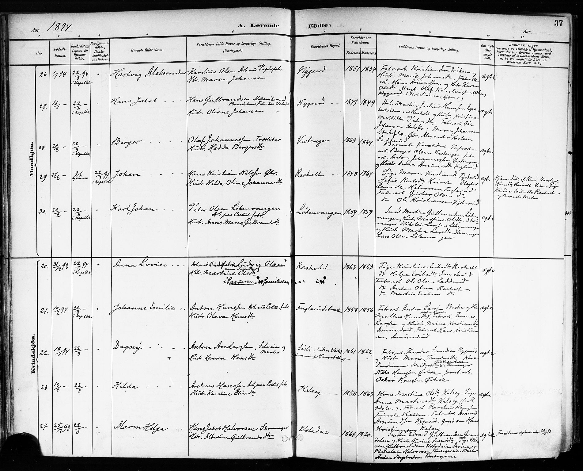 Eidsvoll prestekontor Kirkebøker, AV/SAO-A-10888/F/Fa/L0004: Ministerialbok nr. I 4, 1891-1900, s. 37