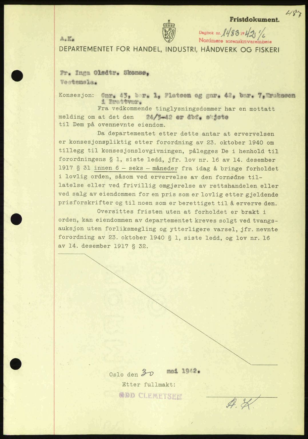 Nordmøre sorenskriveri, AV/SAT-A-4132/1/2/2Ca: Pantebok nr. B89, 1942-1942, Dagboknr: 1483/1942