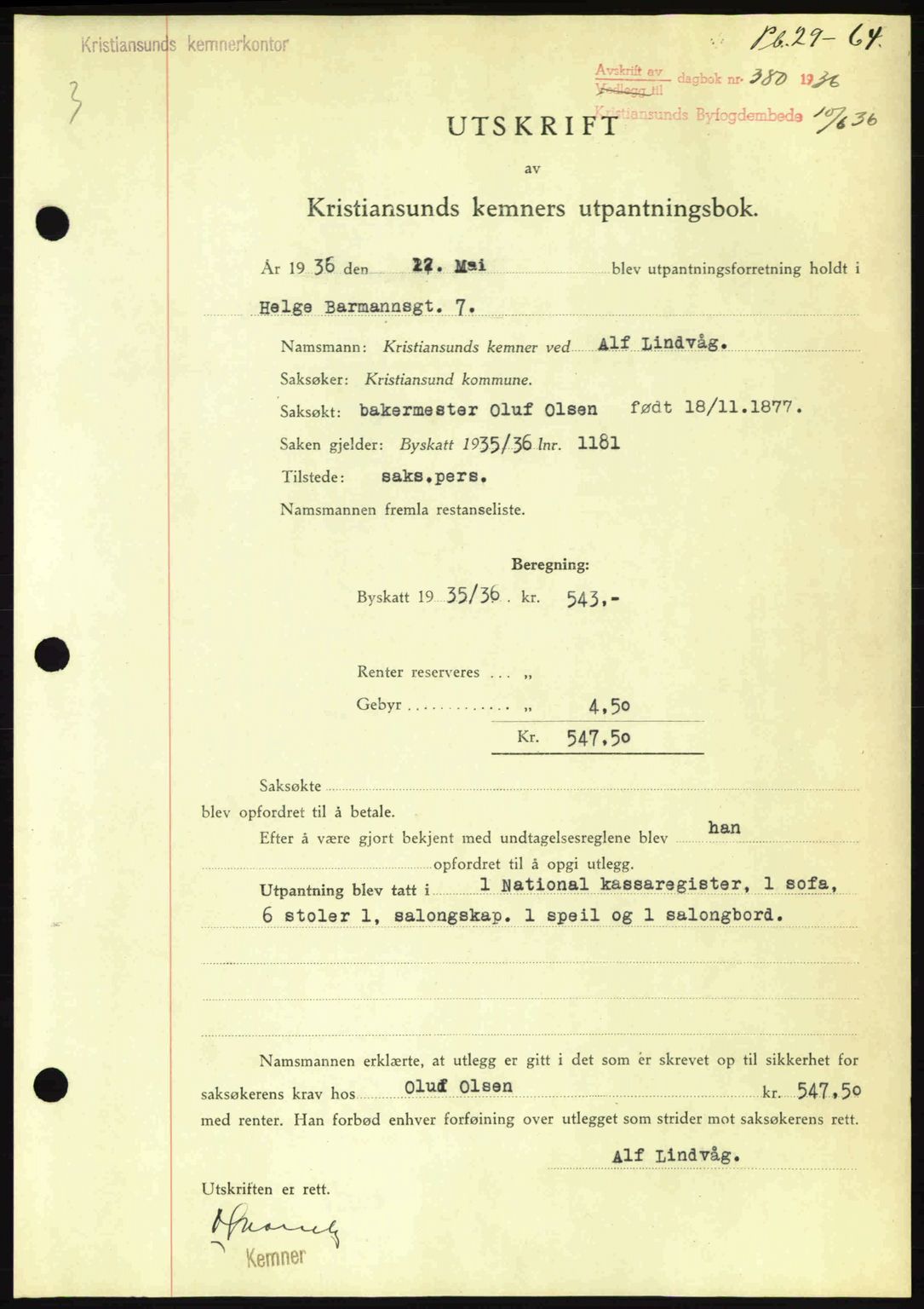 Kristiansund byfogd, SAT/A-4587/A/27: Pantebok nr. 29, 1936-1937, Dagboknr: 380/1936