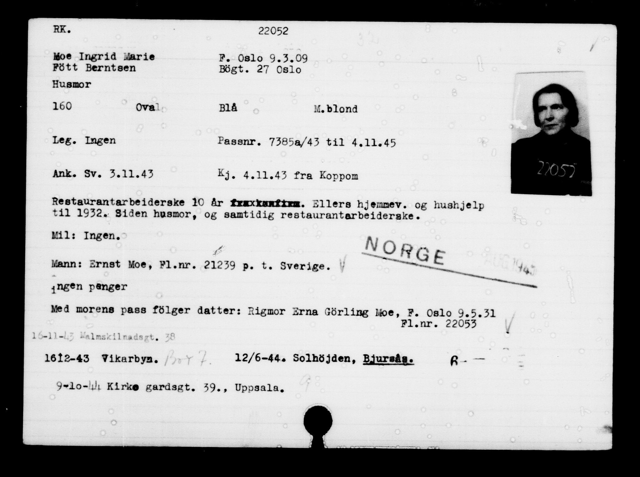 Utenriksstasjonene, Legasjonen i Stockholm, Flyktningkontoret, AV/RA-S-6753/V/Va/L0010: Kjesäterkartoteket, flyktninger med registreringsnr. 22000-25314, 1940-1945, s. 64