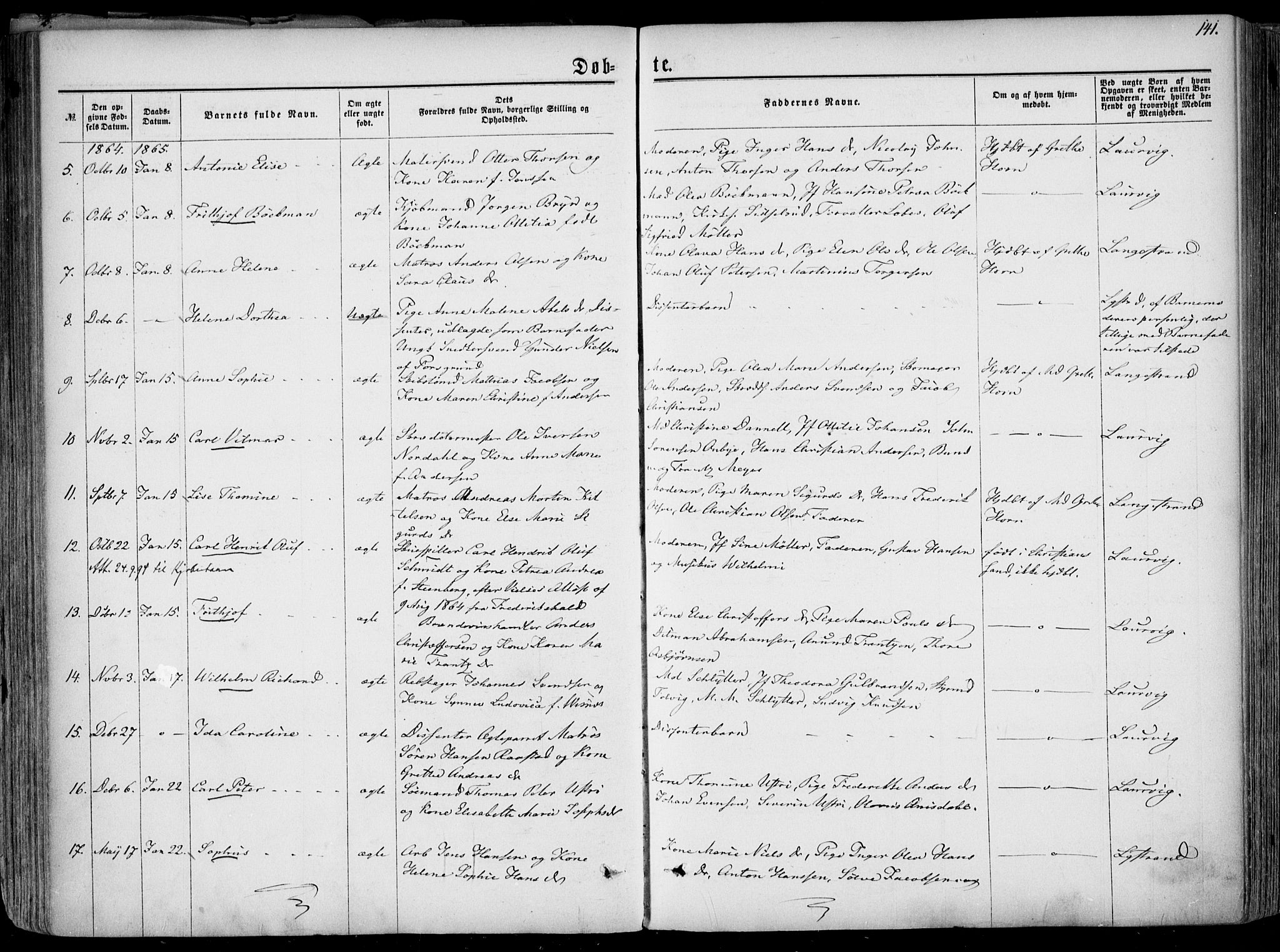 Larvik kirkebøker, AV/SAKO-A-352/F/Fa/L0004: Ministerialbok nr. I 4, 1856-1870, s. 141