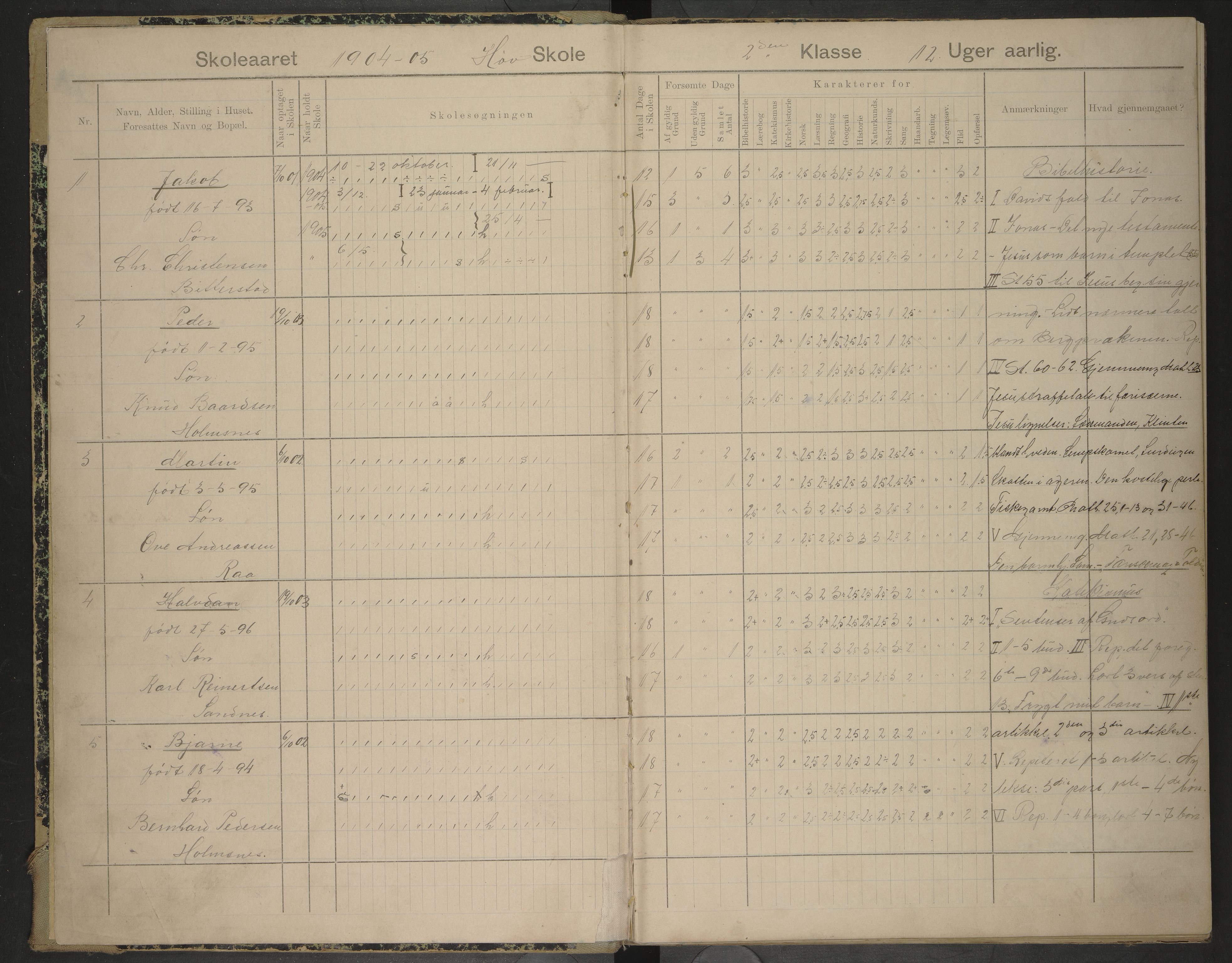 Hadsel kommune. Hov skolekrets, AIN/K-18660.510.55/G/L0002: Skoleprotokoll Hov skole, 1904-1913