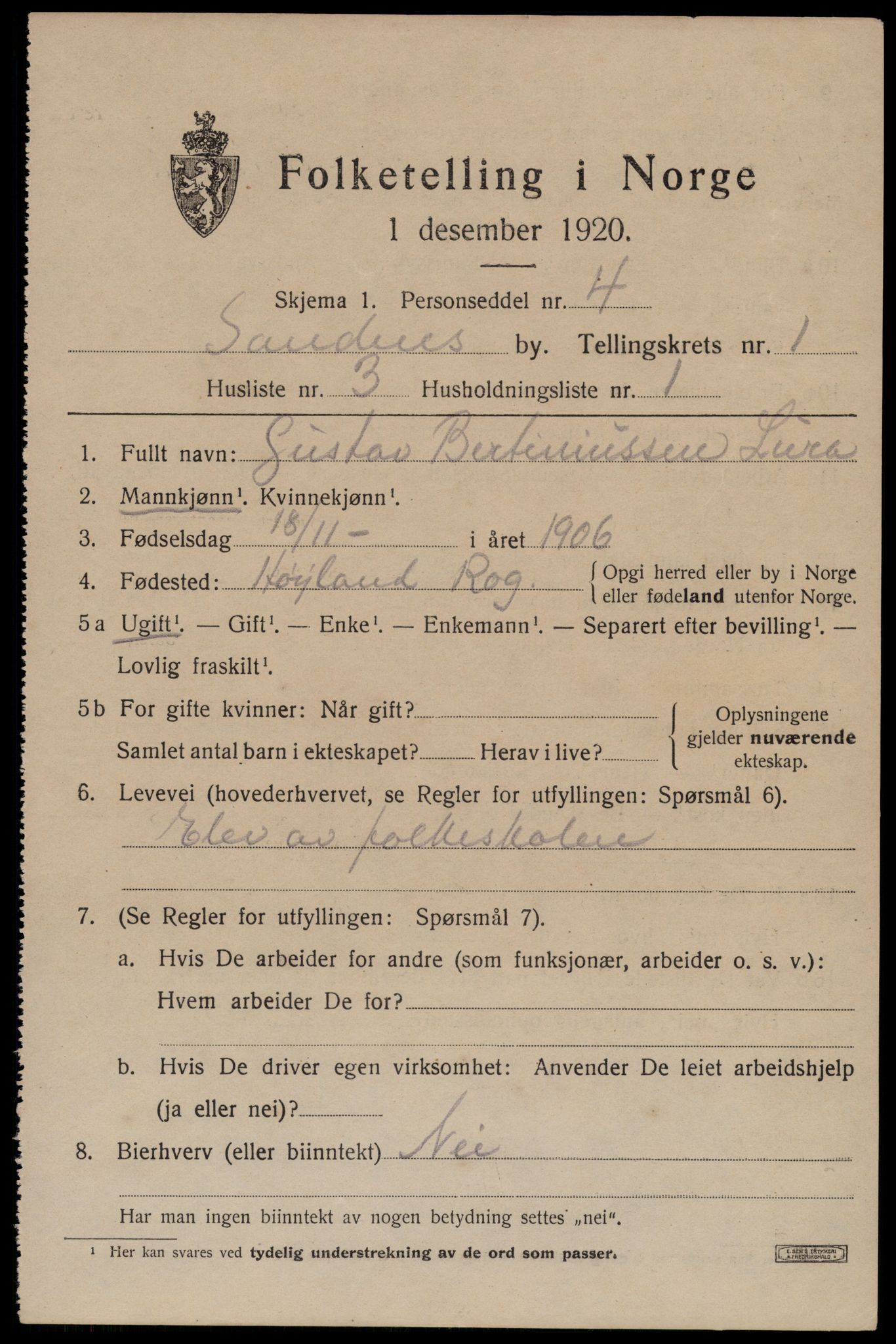 SAST, Folketelling 1920 for 1102 Sandnes ladested, 1920, s. 2506