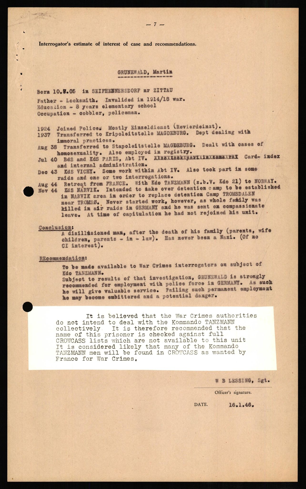 Forsvaret, Forsvarets overkommando II, AV/RA-RAFA-3915/D/Db/L0010: CI Questionaires. Tyske okkupasjonsstyrker i Norge. Tyskere., 1945-1946, s. 446