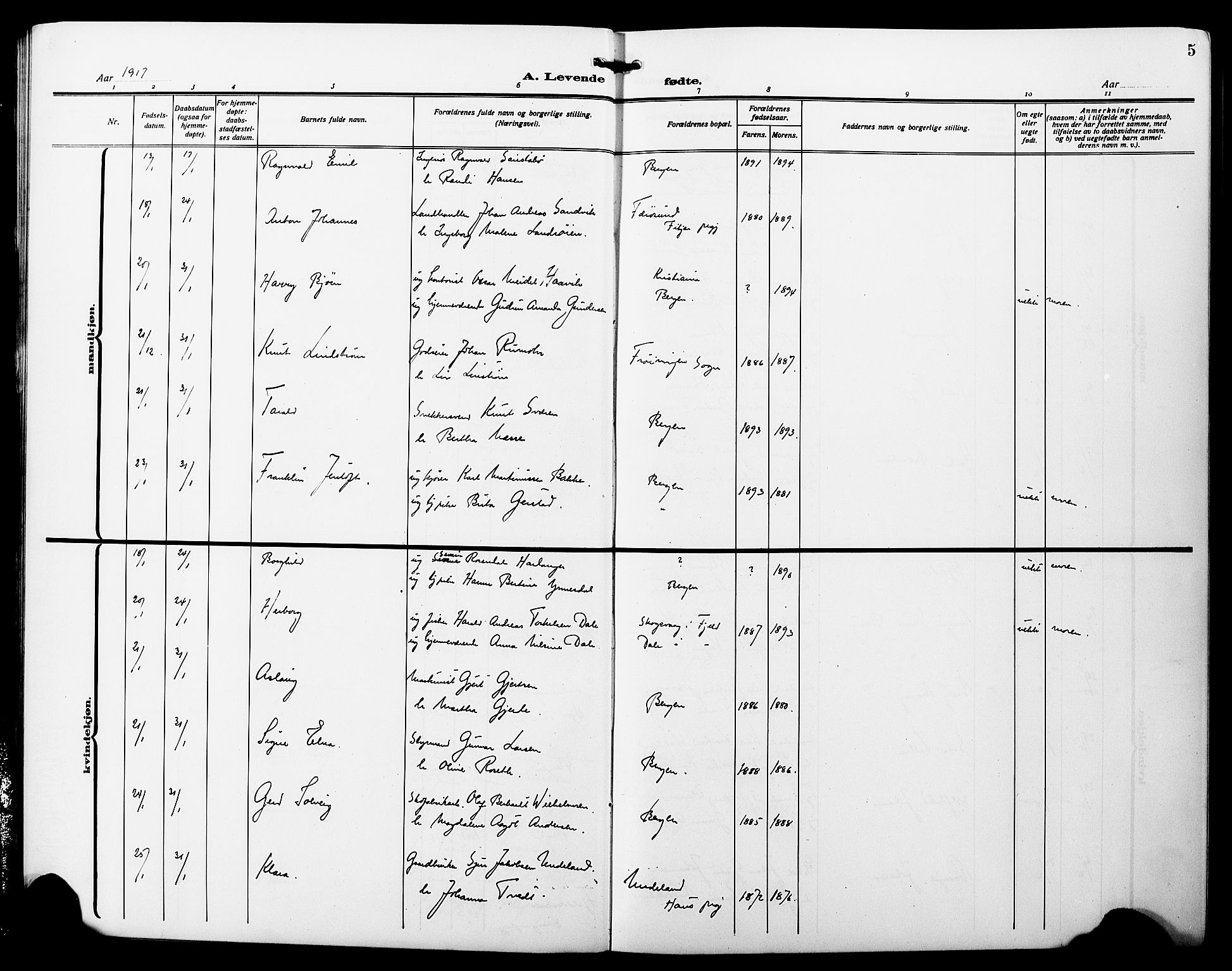 Fødselsstiftelsens sokneprestembete*, SAB/-: Klokkerbok nr. A 3, 1916-1925, s. 5