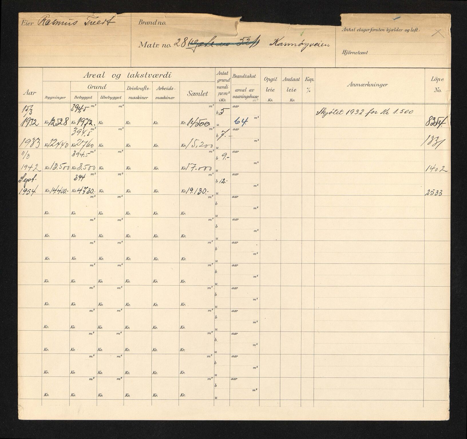 Stavanger kommune. Skattetakstvesenet, BYST/A-0440/F/Fa/Faa/L0024/0006: Skattetakstkort / Karmøyveien 23 - Kirkebakken 11