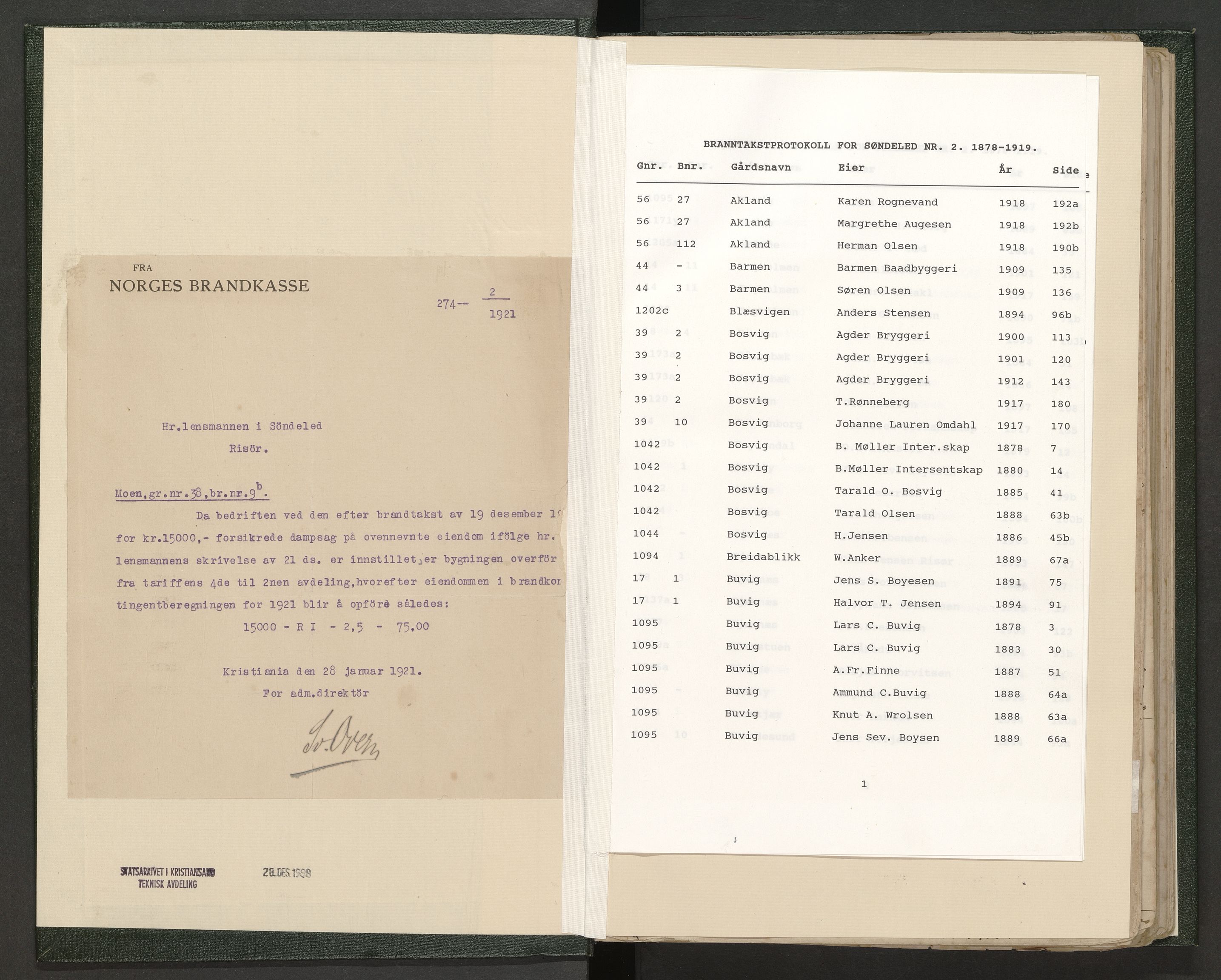 Norges Brannkasse Søndeled, AV/SAK-2241-0047/F/Fa/L0002: Branntakstprotokoll nr 2 med gårdsnavnregister, 1878-1919