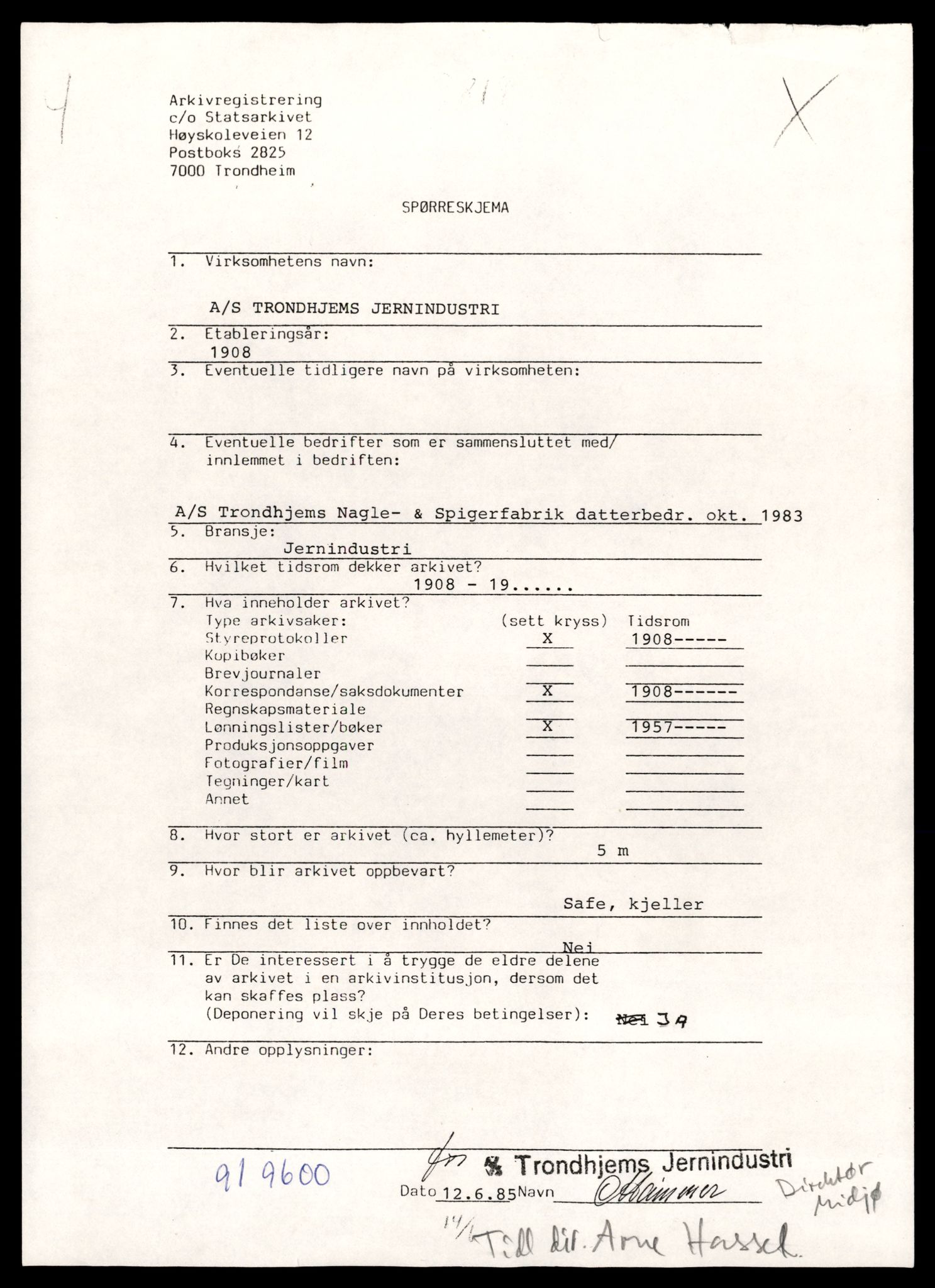 Statsarkivet i Trondheim, AV/SAT-A-4183/E/Ec/Ecb/L0007: Bedrifts-/privatarkivregistrering, 1982-1998, s. 3