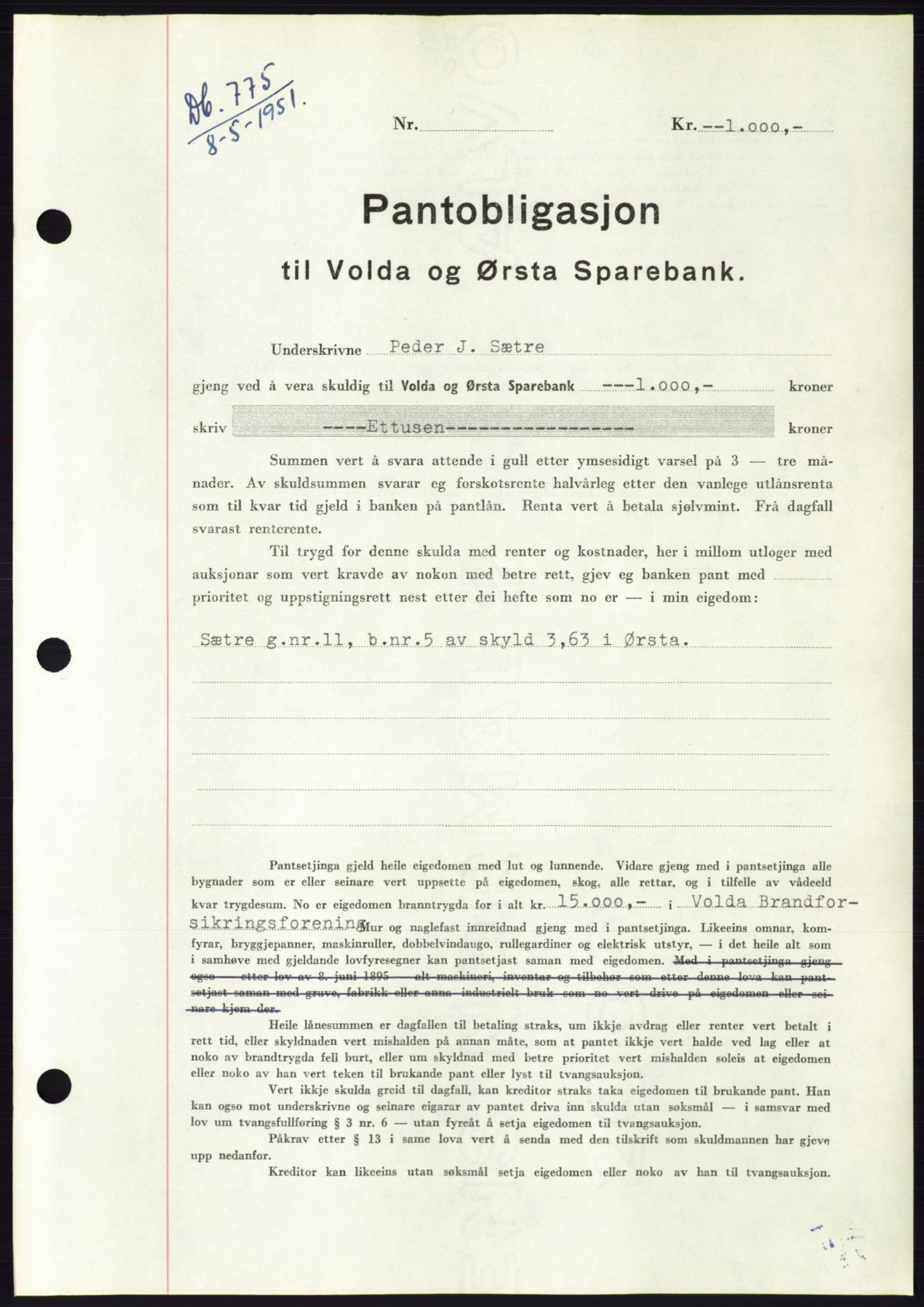 Søre Sunnmøre sorenskriveri, SAT/A-4122/1/2/2C/L0120: Pantebok nr. 8B, 1951-1951, Dagboknr: 775/1951