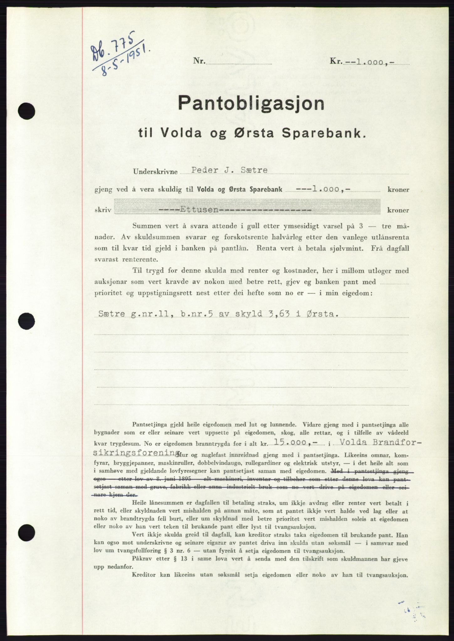 Søre Sunnmøre sorenskriveri, AV/SAT-A-4122/1/2/2C/L0120: Pantebok nr. 8B, 1951-1951, Dagboknr: 775/1951