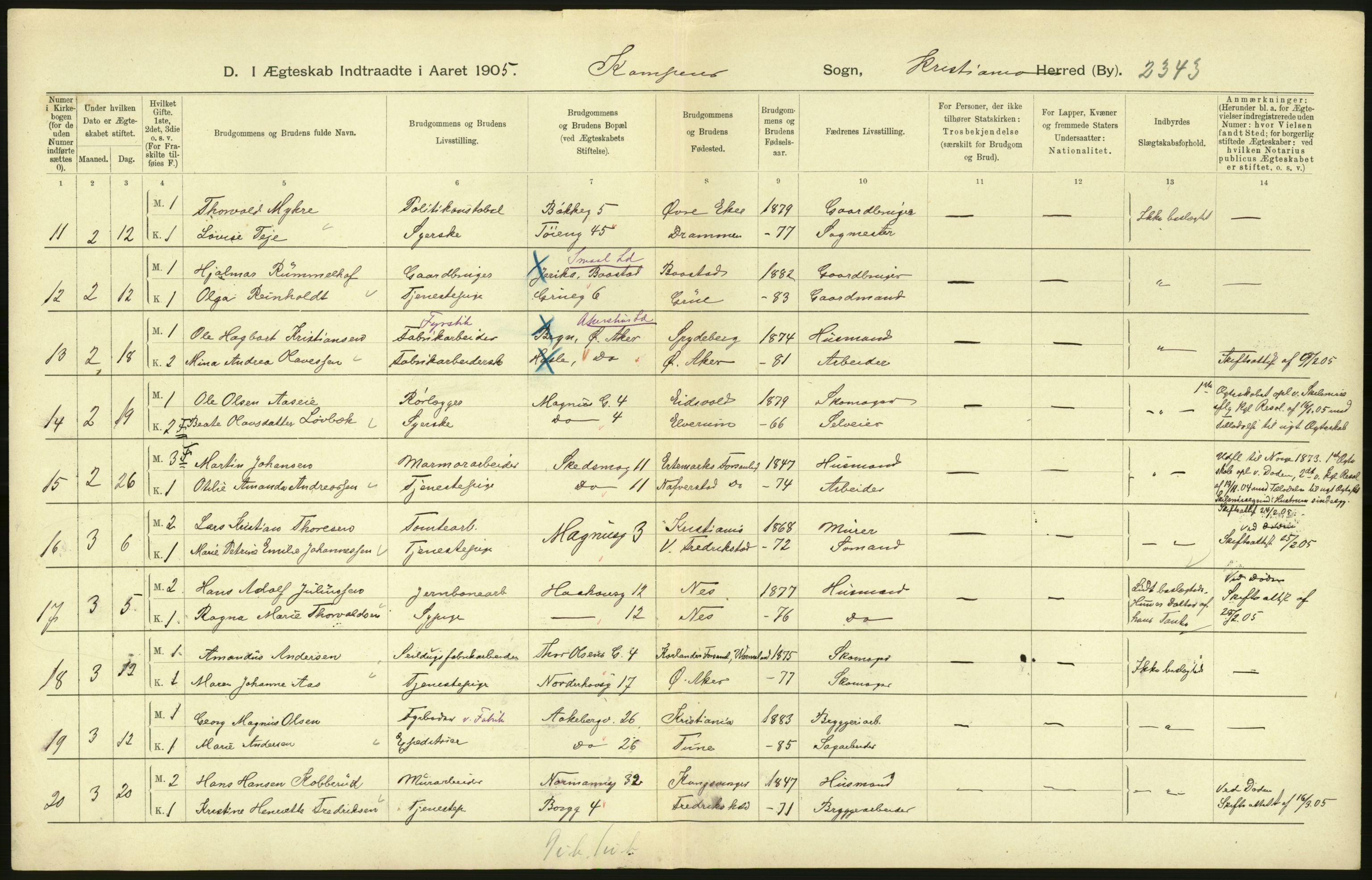 Statistisk sentralbyrå, Sosiodemografiske emner, Befolkning, AV/RA-S-2228/D/Df/Dfa/Dfac/L0007b: Kristiania: Gifte, 1905, s. 146