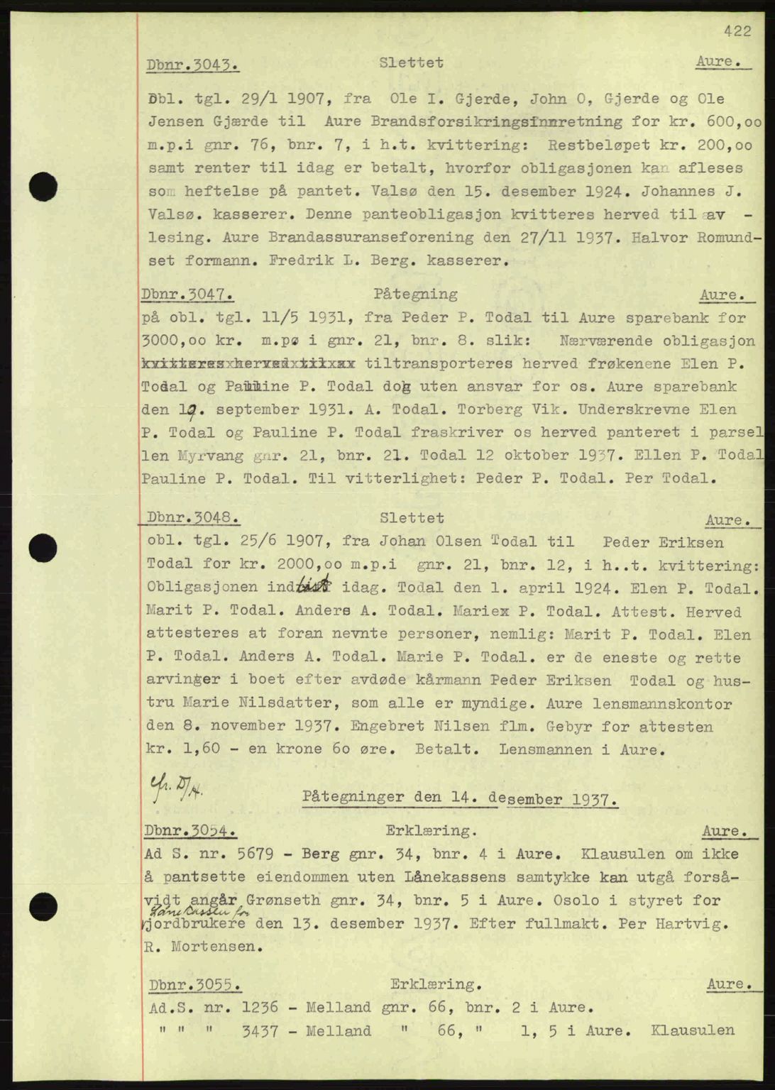 Nordmøre sorenskriveri, SAT/A-4132/1/2/2Ca: Pantebok nr. C80, 1936-1939, Dagboknr: 3043/1937