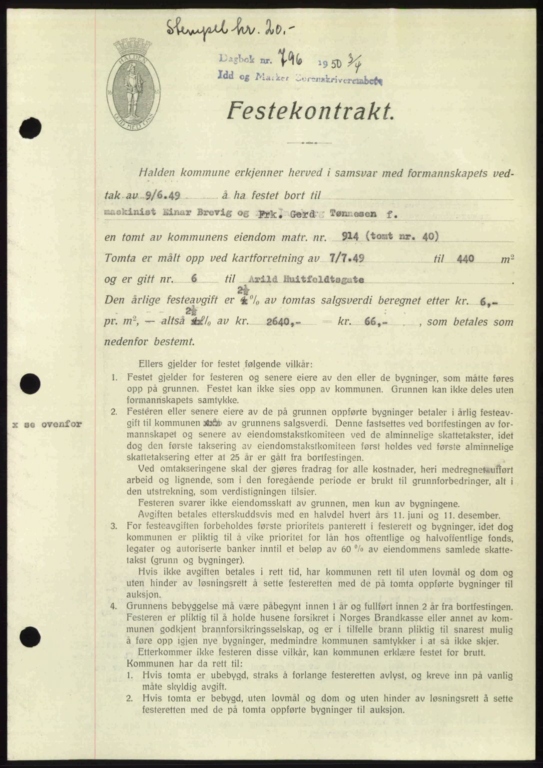 Idd og Marker sorenskriveri, AV/SAO-A-10283/G/Gb/Gbb/L0014: Pantebok nr. A14, 1950-1950, Dagboknr: 796/1950