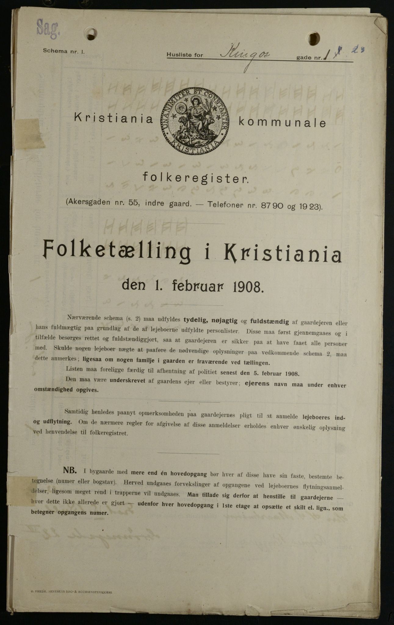 OBA, Kommunal folketelling 1.2.1908 for Kristiania kjøpstad, 1908, s. 44310