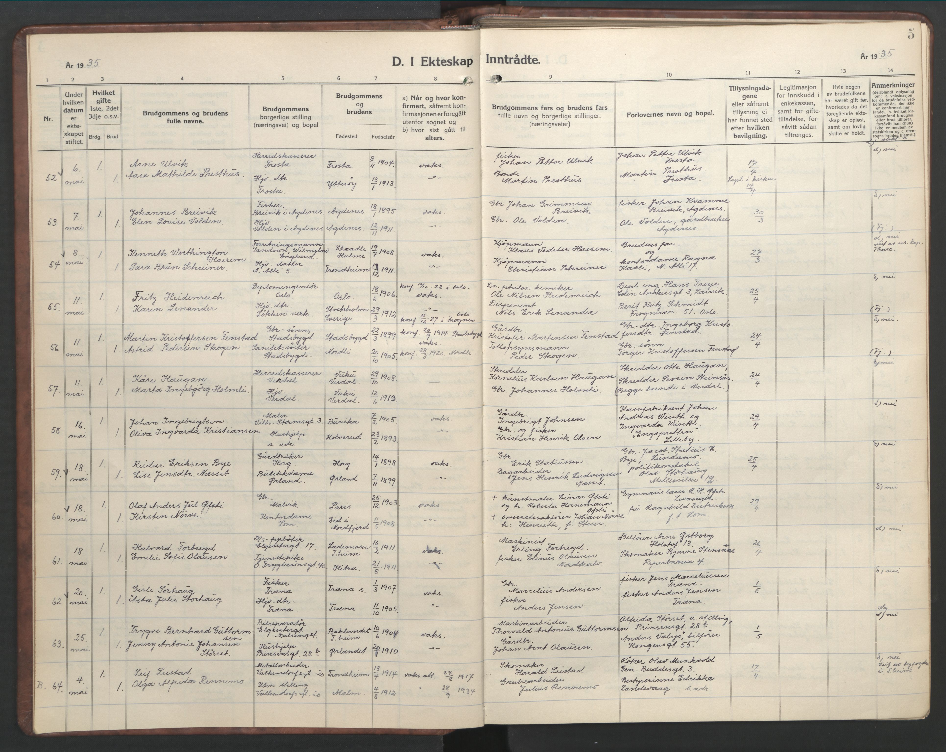Ministerialprotokoller, klokkerbøker og fødselsregistre - Sør-Trøndelag, SAT/A-1456/601/L0101: Klokkerbok nr. 601C19, 1935-1946, s. 5