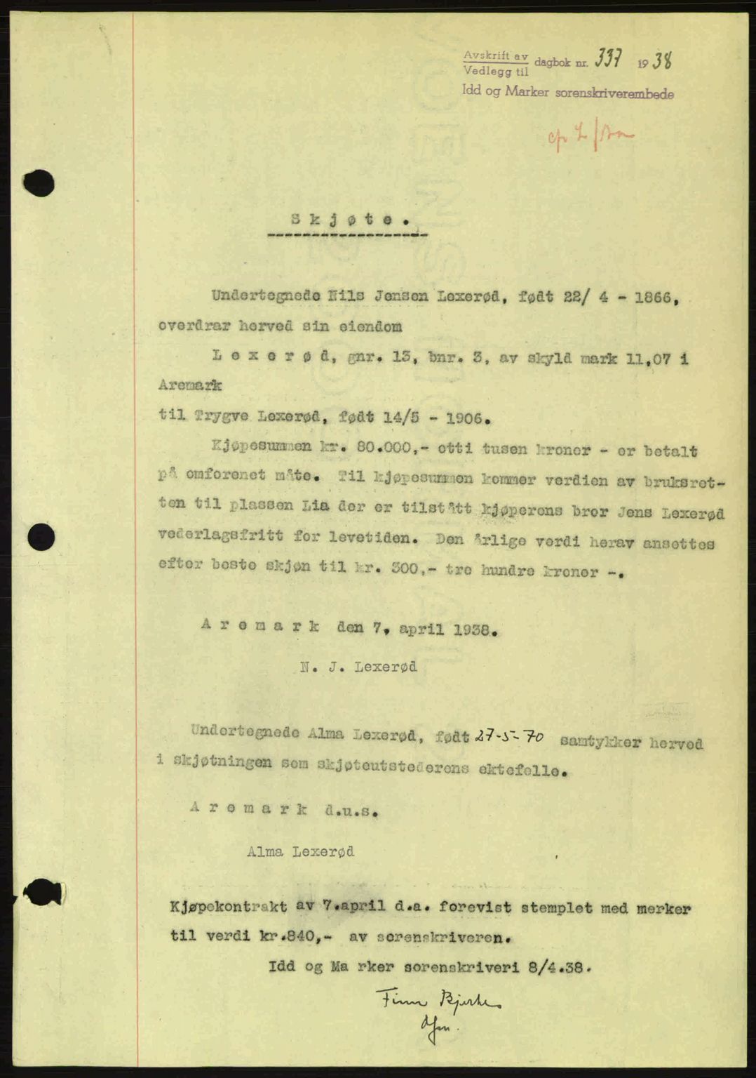 Idd og Marker sorenskriveri, AV/SAO-A-10283/G/Gb/Gbb/L0002: Pantebok nr. A2, 1937-1938, Dagboknr: 337/1938