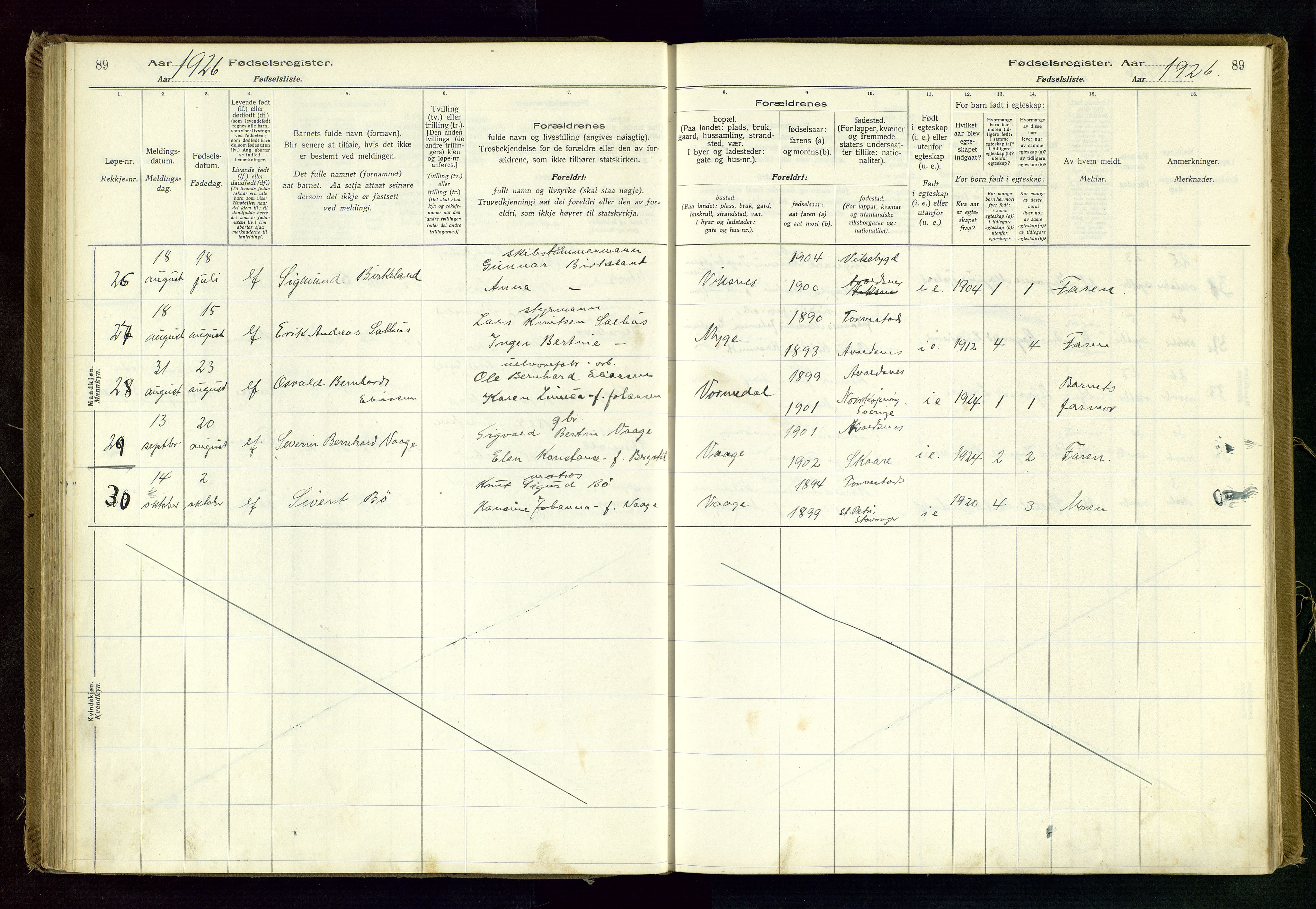 Avaldsnes sokneprestkontor, SAST/A -101851/I/Id/L0001: Fødselsregister nr. 1, 1916-1946, s. 89