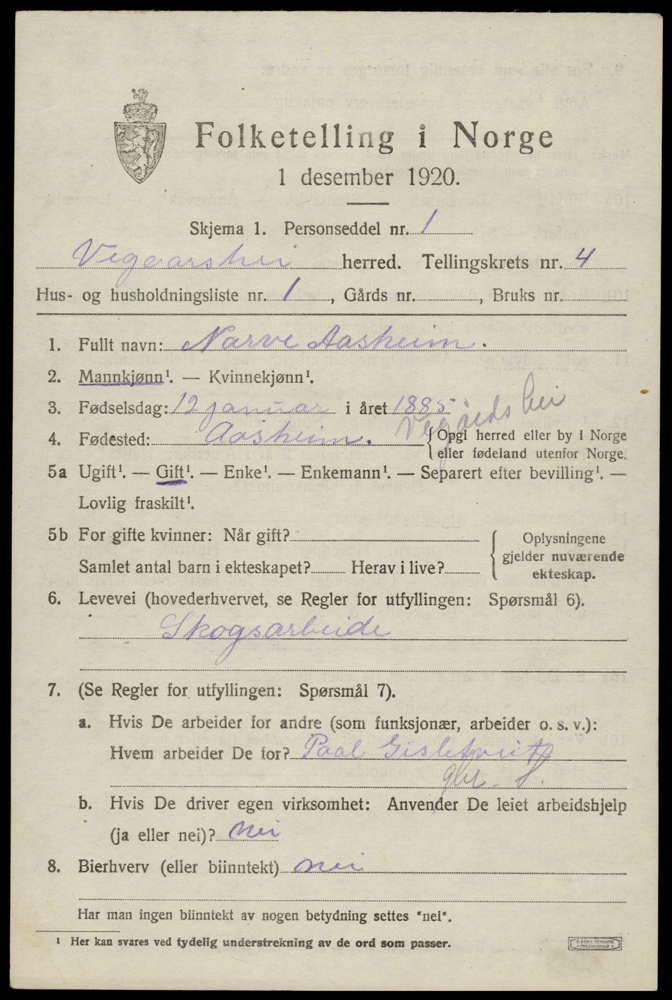 SAK, Folketelling 1920 for 0912 Vegårshei herred, 1920, s. 1780