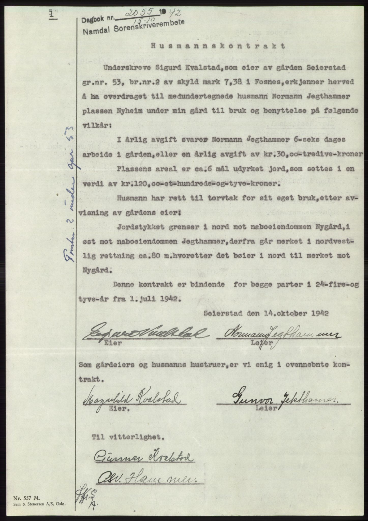 Namdal sorenskriveri, SAT/A-4133/1/2/2C: Pantebok nr. -, 1942-1943, Dagboknr: 2055/1942