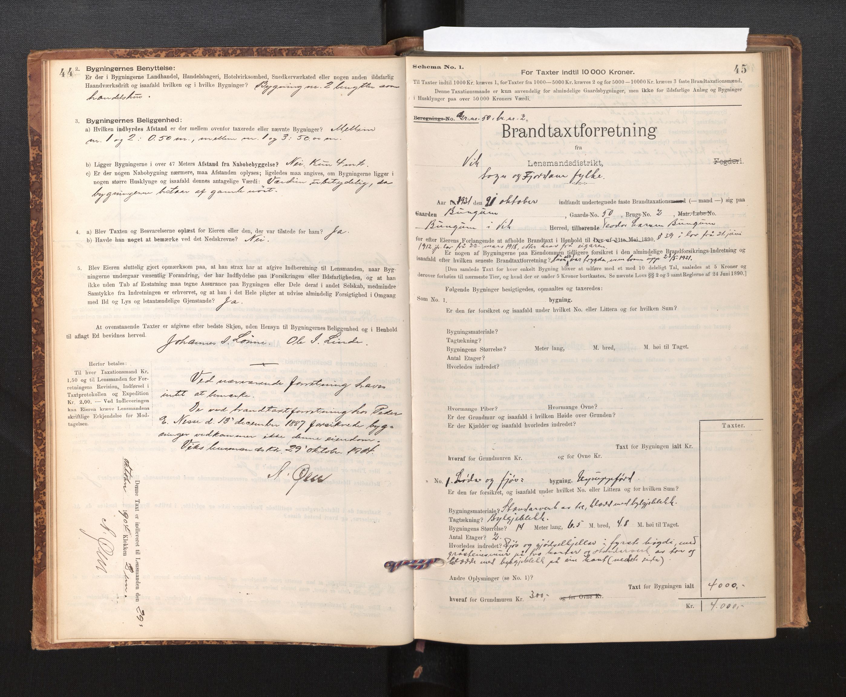 Lensmannen i Vik, SAB/A-30301/0012/L0006: Branntakstprotokoll, skjematakst, 1896-1949, s. 44-45