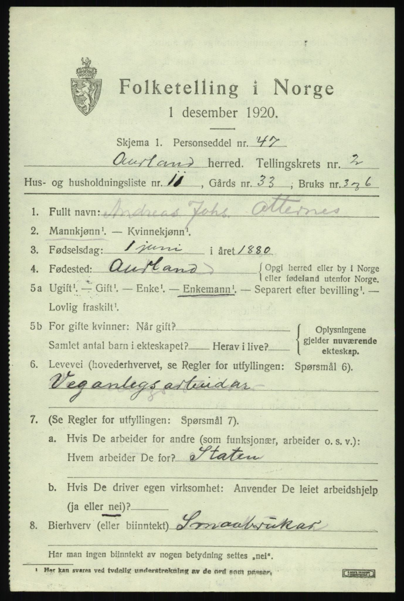 SAB, Folketelling 1920 for 1421 Aurland herred, 1920, s. 1922