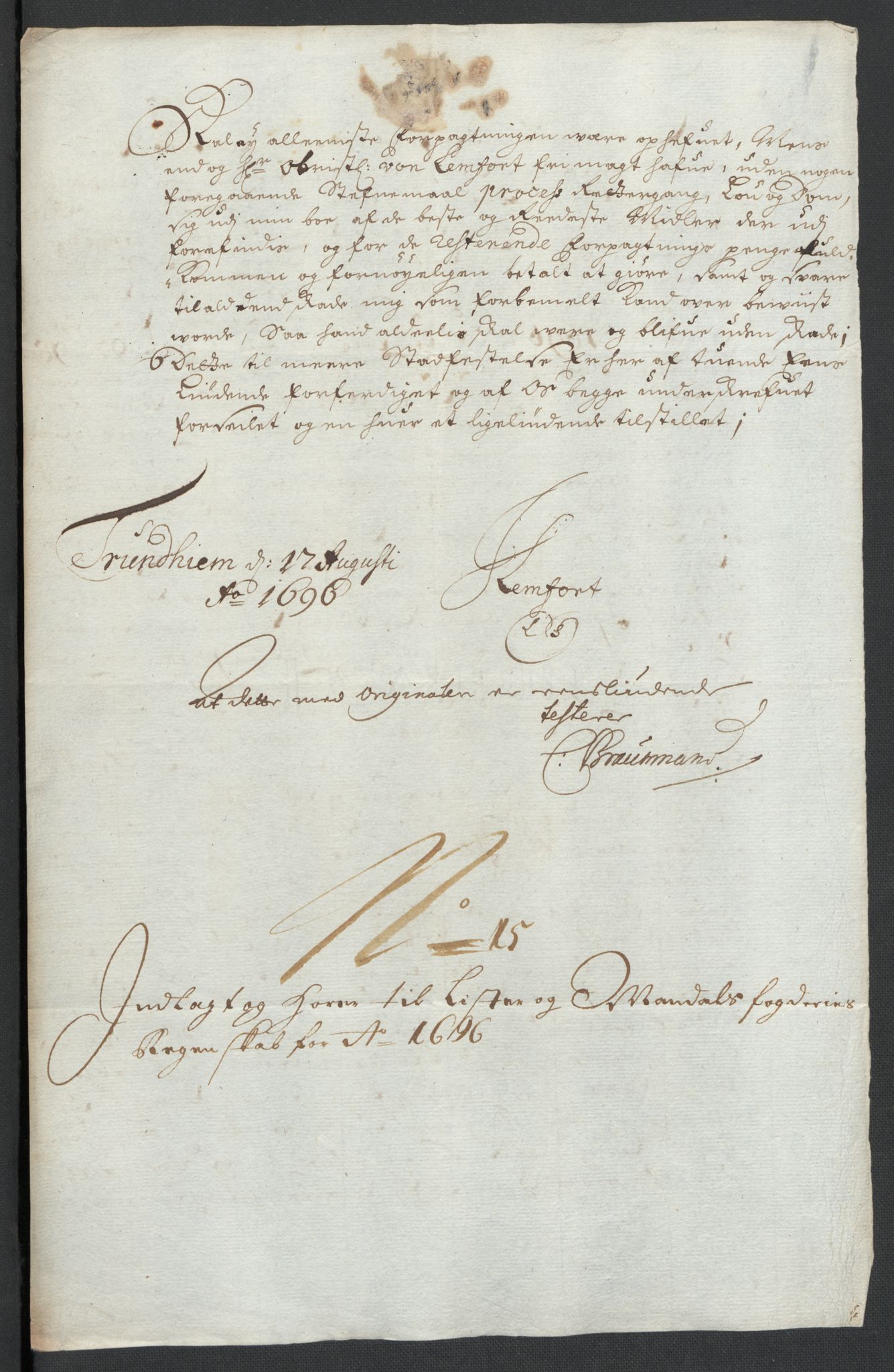 Rentekammeret inntil 1814, Reviderte regnskaper, Fogderegnskap, RA/EA-4092/R43/L2546: Fogderegnskap Lista og Mandal, 1696-1697, s. 84