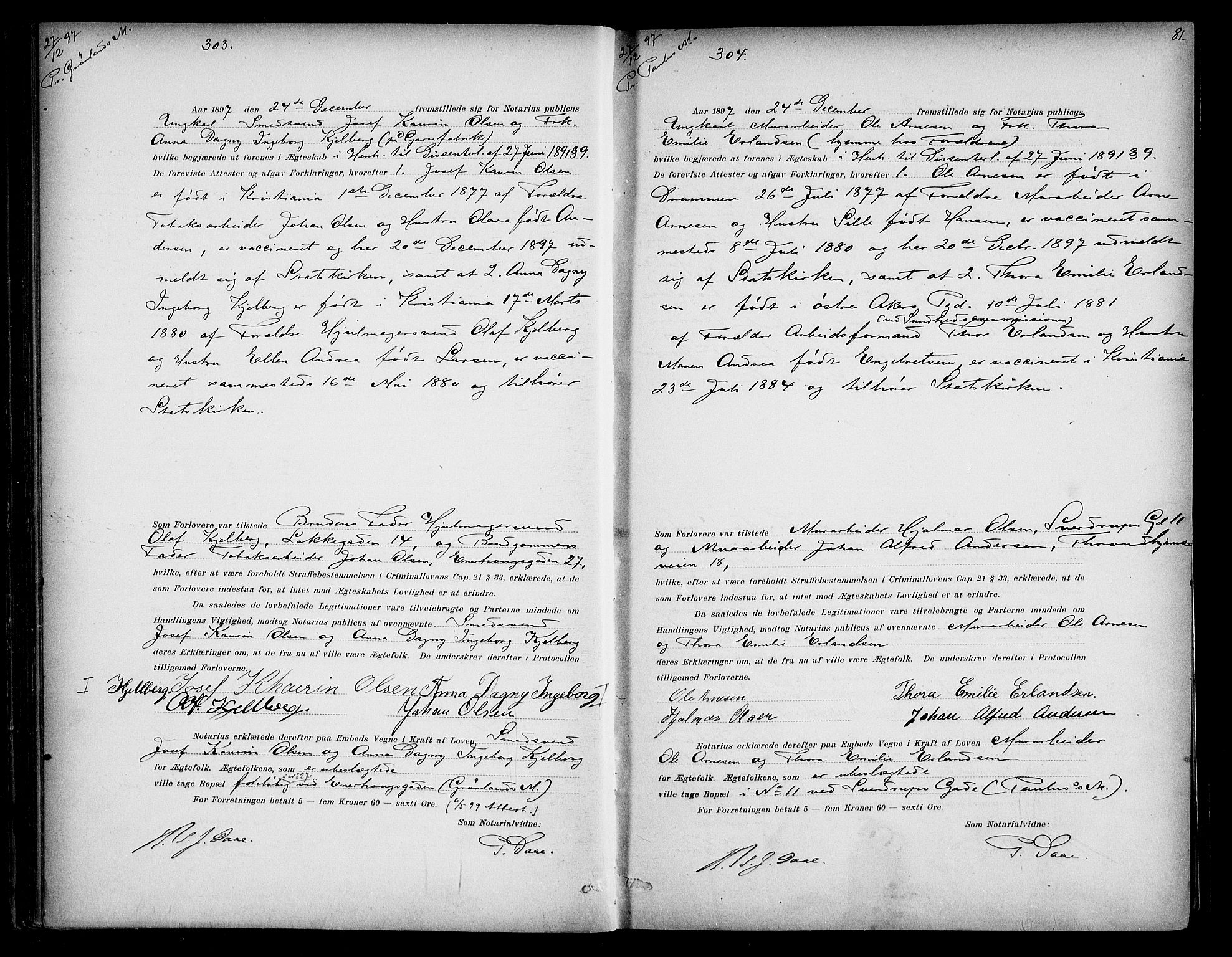 Oslo byfogd avd. I, AV/SAO-A-10220/L/Lb/Lbb/L0004: Notarialprotokoll, rekke II: Vigsler, 1897-1902, s. 80b-81a