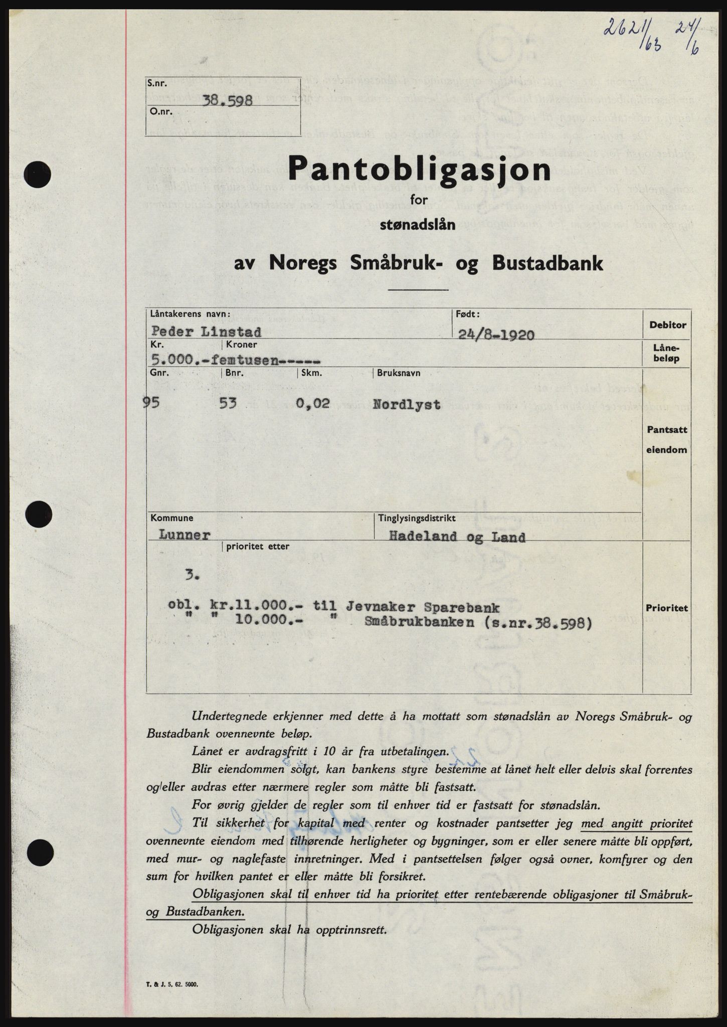 Hadeland og Land tingrett, SAH/TING-010/H/Hb/Hbc/L0052: Pantebok nr. B52, 1963-1963, Dagboknr: 2621/1963