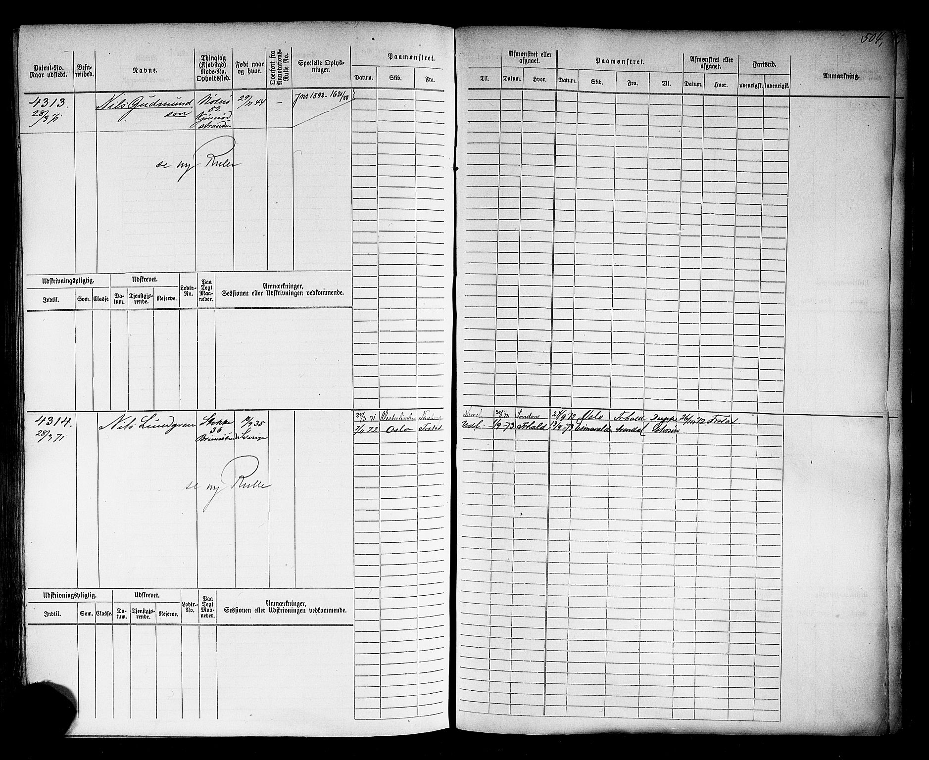 Tønsberg innrulleringskontor, AV/SAKO-A-786/F/Fc/Fcb/L0004: Hovedrulle Patent nr. 3309-4414, 1869, s. 506