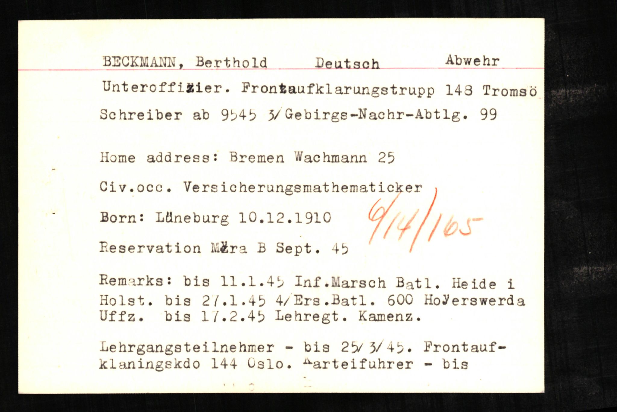 Forsvaret, Forsvarets overkommando II, RA/RAFA-3915/D/Db/L0002: CI Questionaires. Tyske okkupasjonsstyrker i Norge. Tyskere., 1945-1946, s. 373