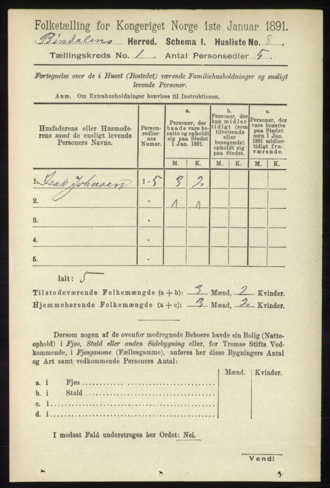 RA, Folketelling 1891 for 1811 Bindal herred, 1891, s. 34