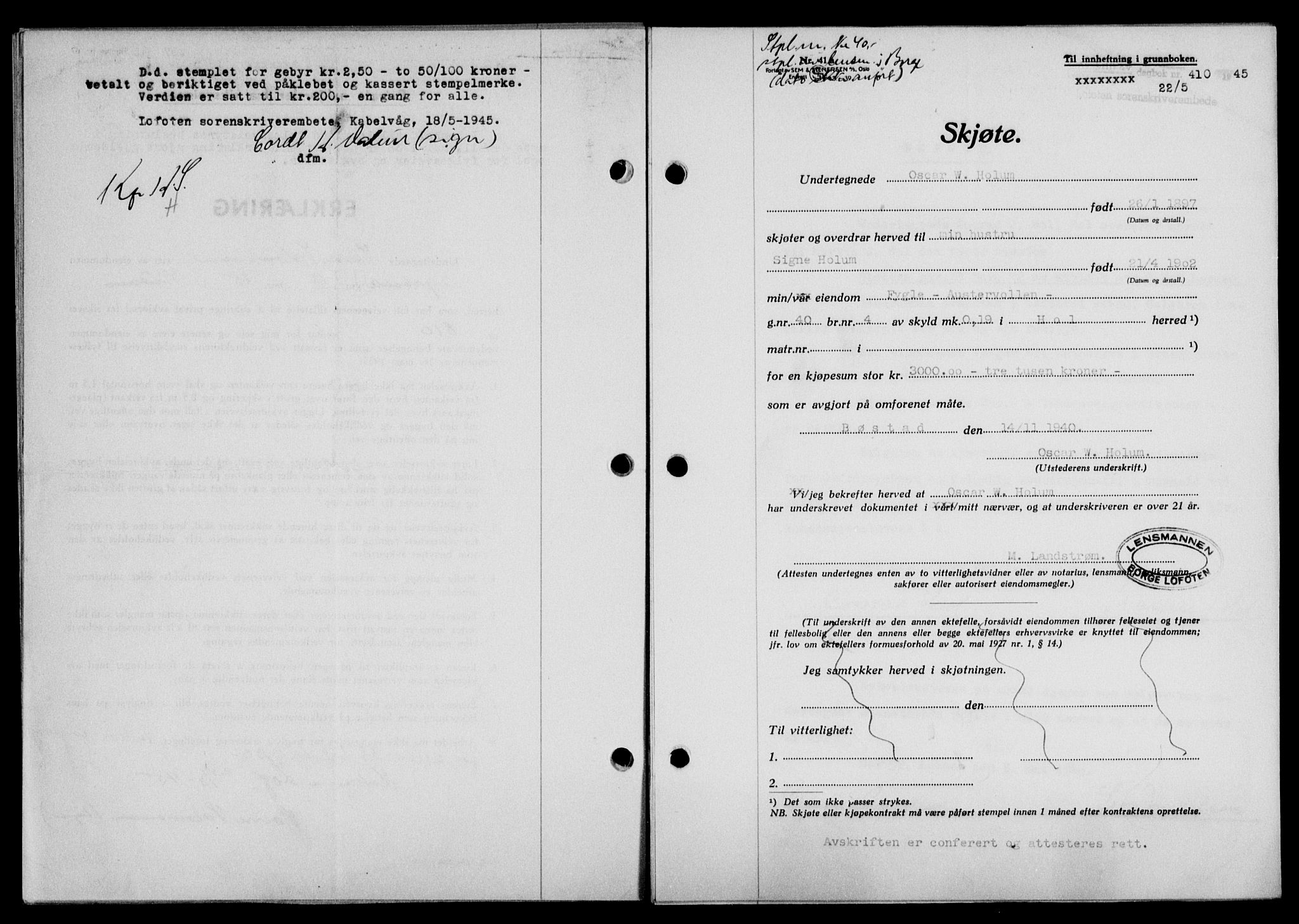 Lofoten sorenskriveri, SAT/A-0017/1/2/2C/L0013a: Pantebok nr. 13a, 1944-1946, Dagboknr: 410/1945